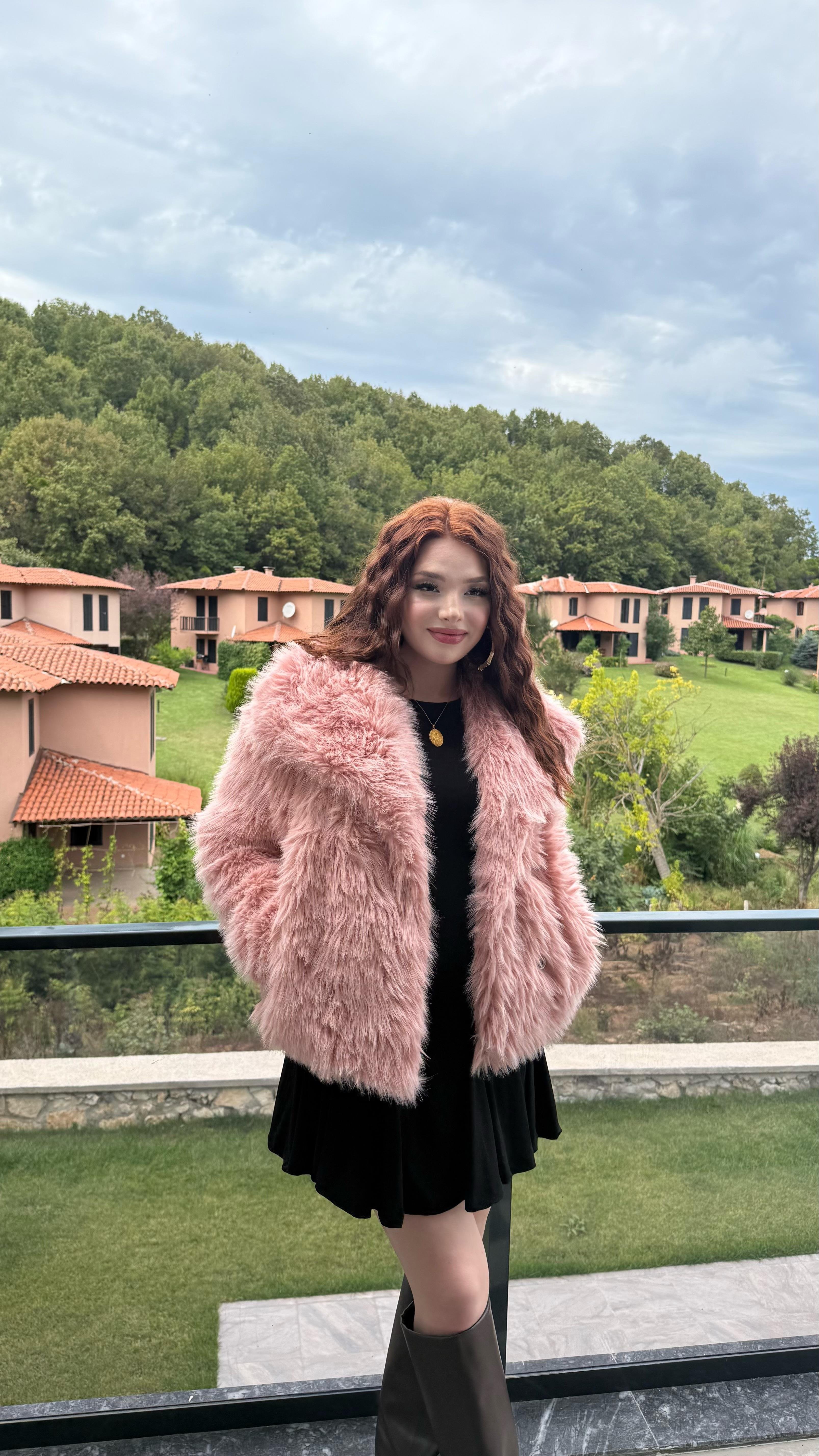 Şal Yaka Oversize Kürk Pembe