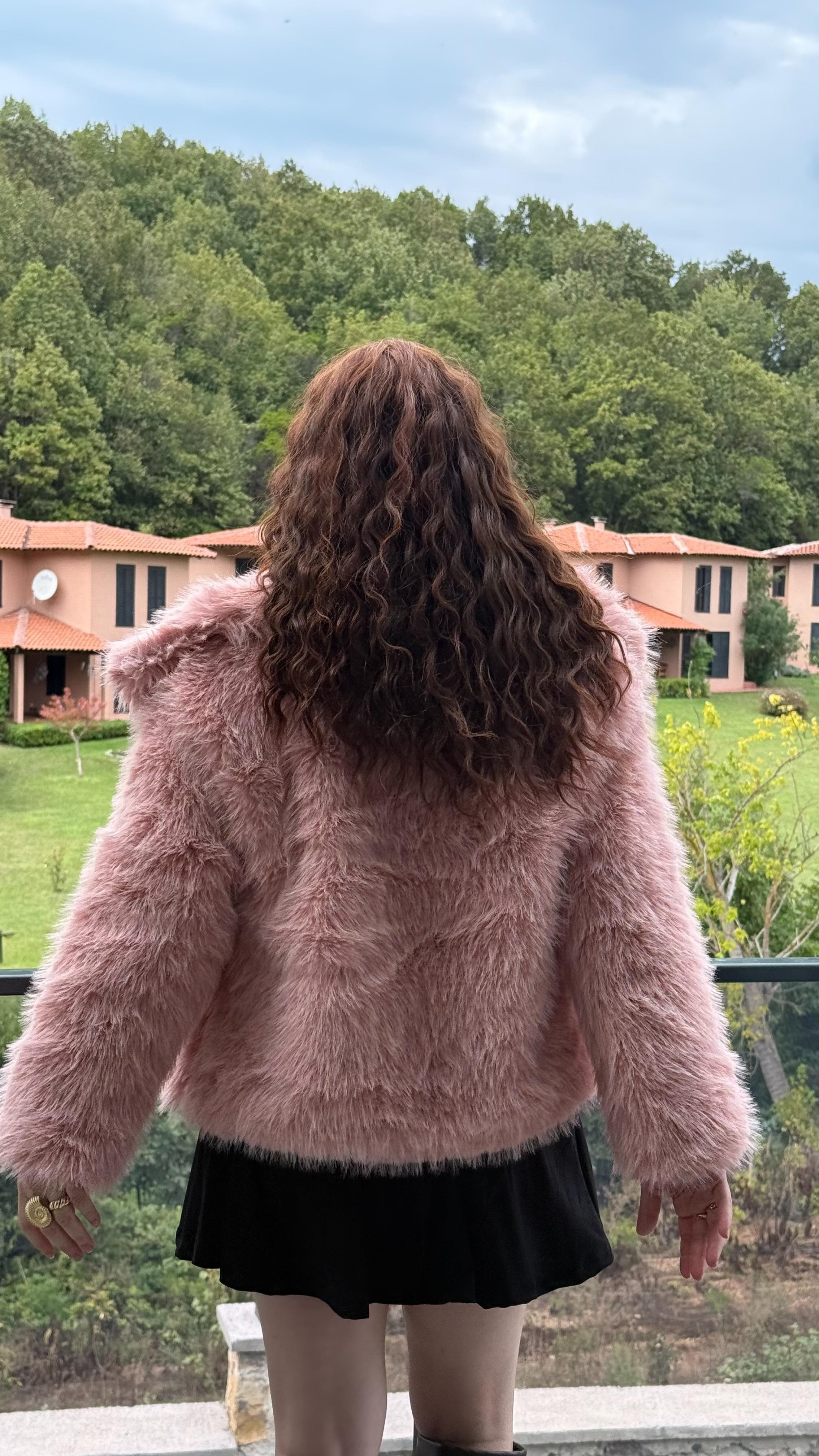Şal Yaka Oversize Kürk Pembe