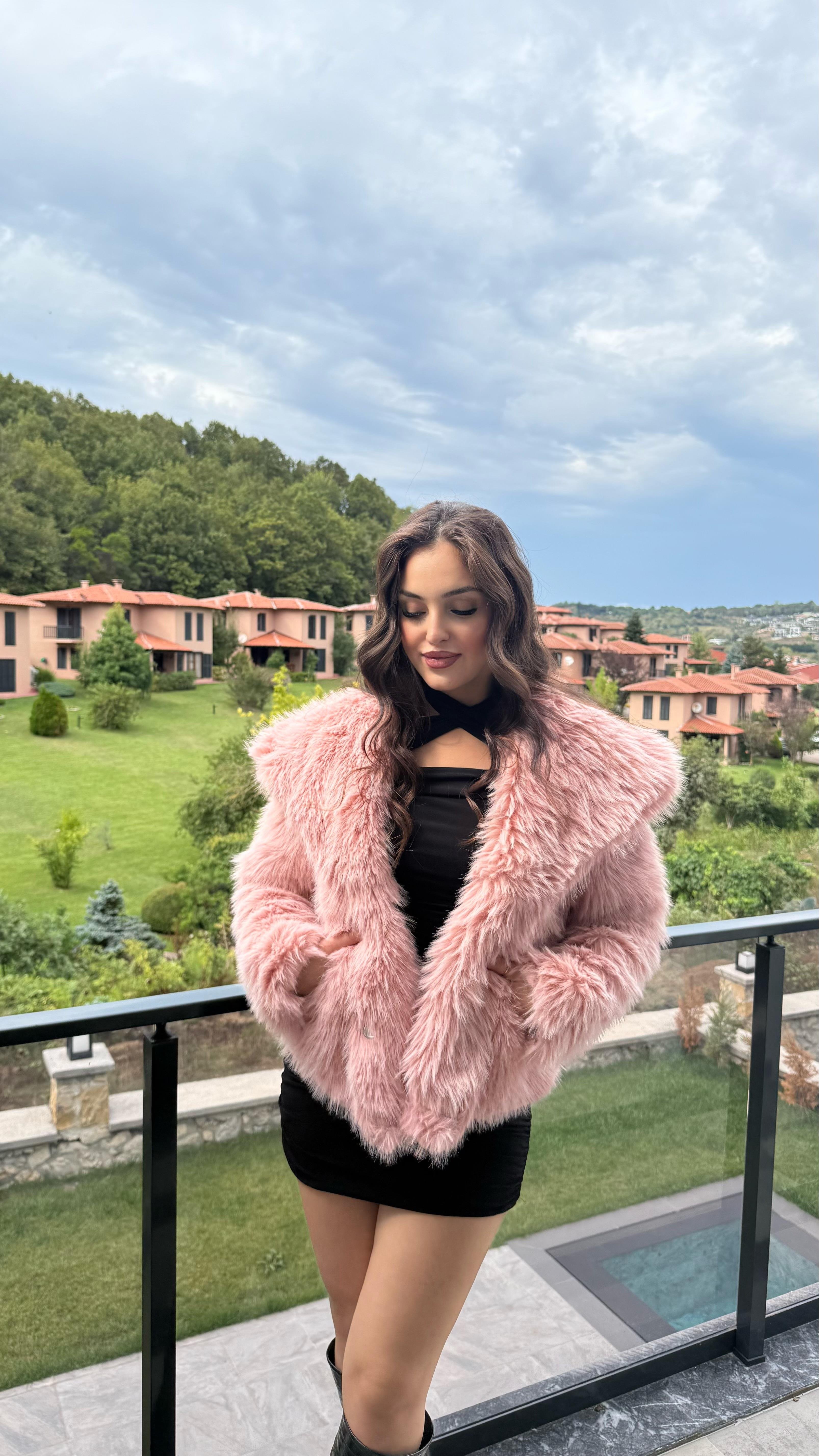 Şal Yaka Oversize Kürk Pembe