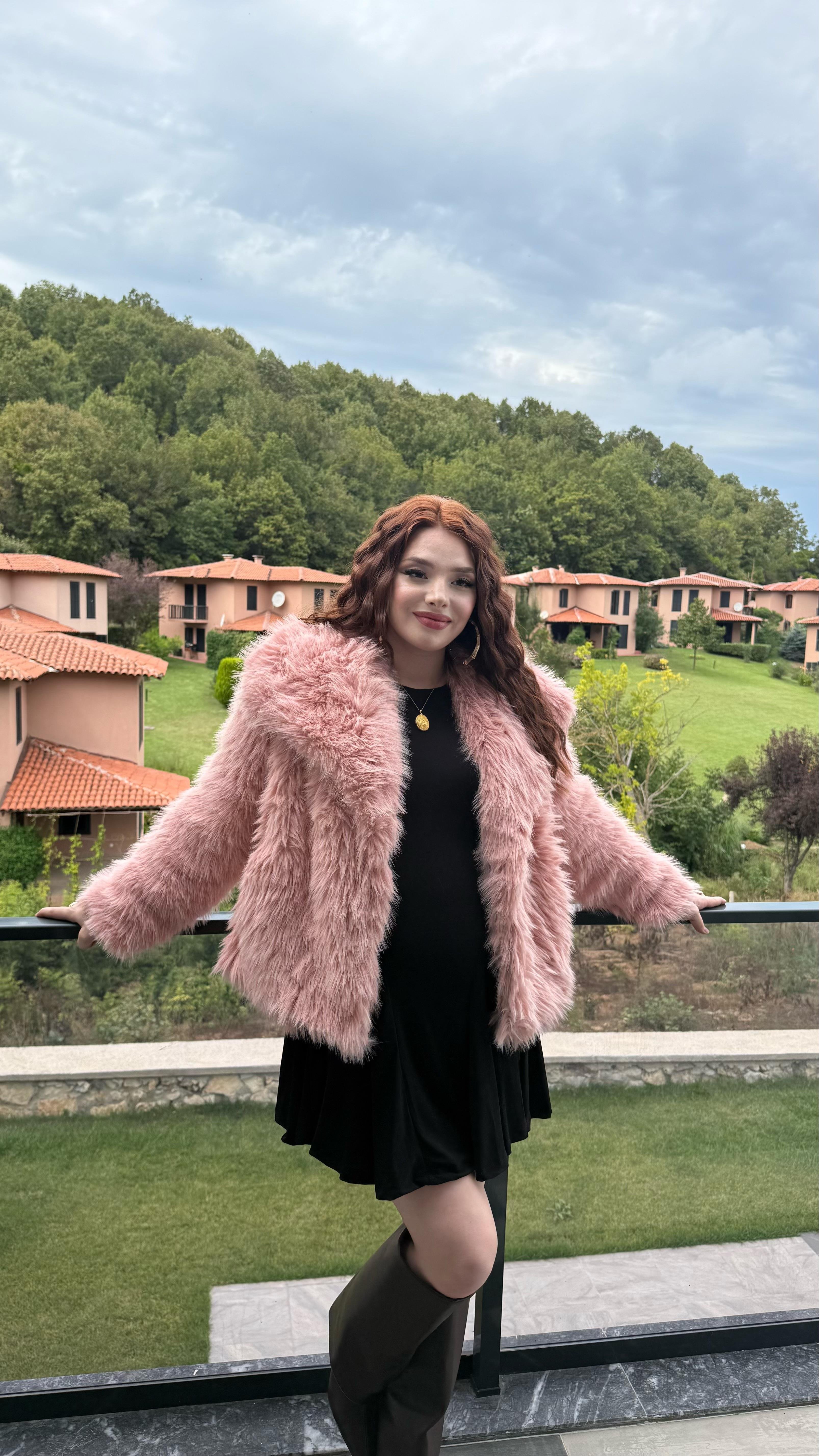 Şal Yaka Oversize Kürk Pembe