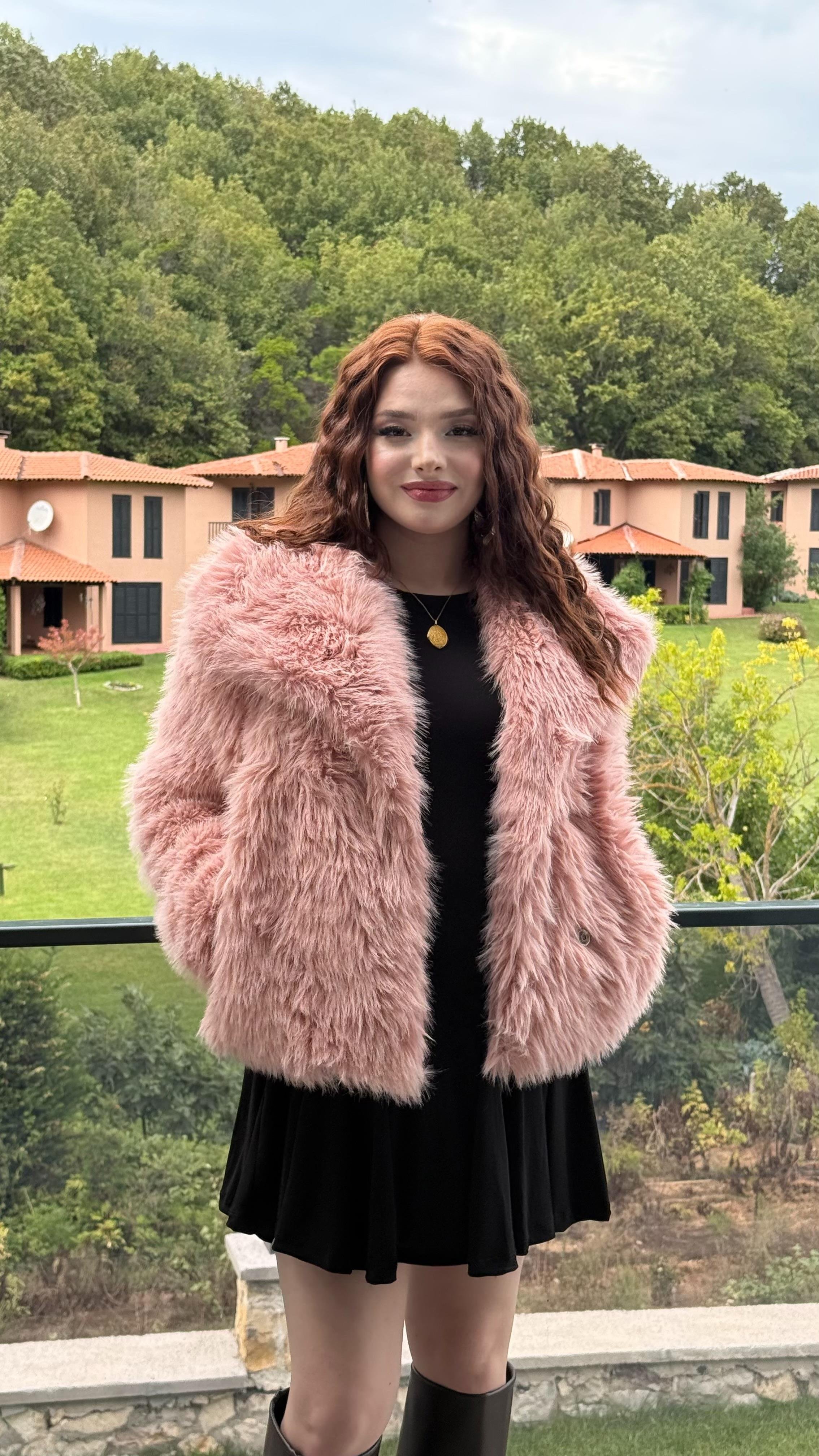 Şal Yaka Oversize Kürk Pembe