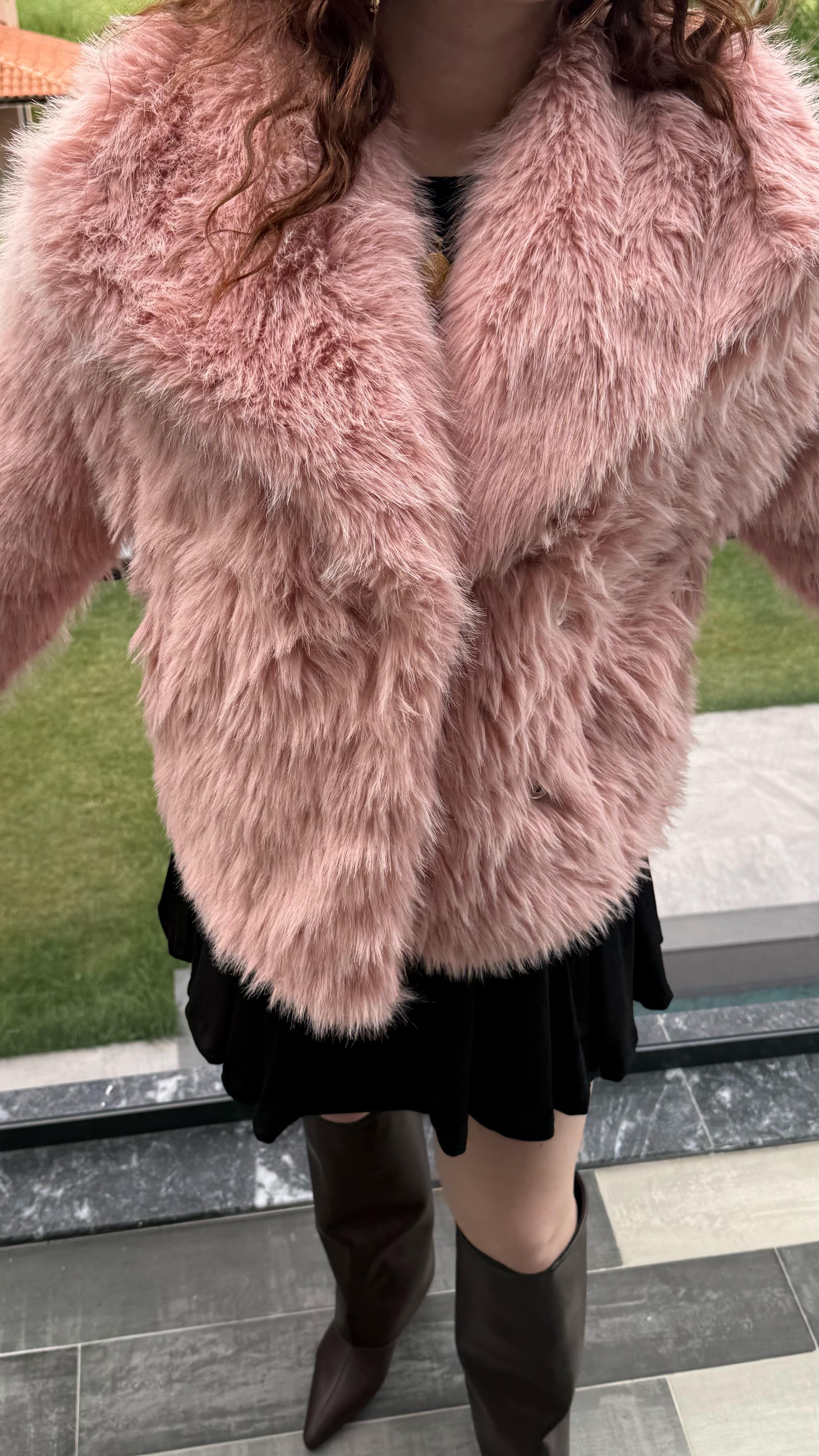 Şal Yaka Oversize Kürk Pembe
