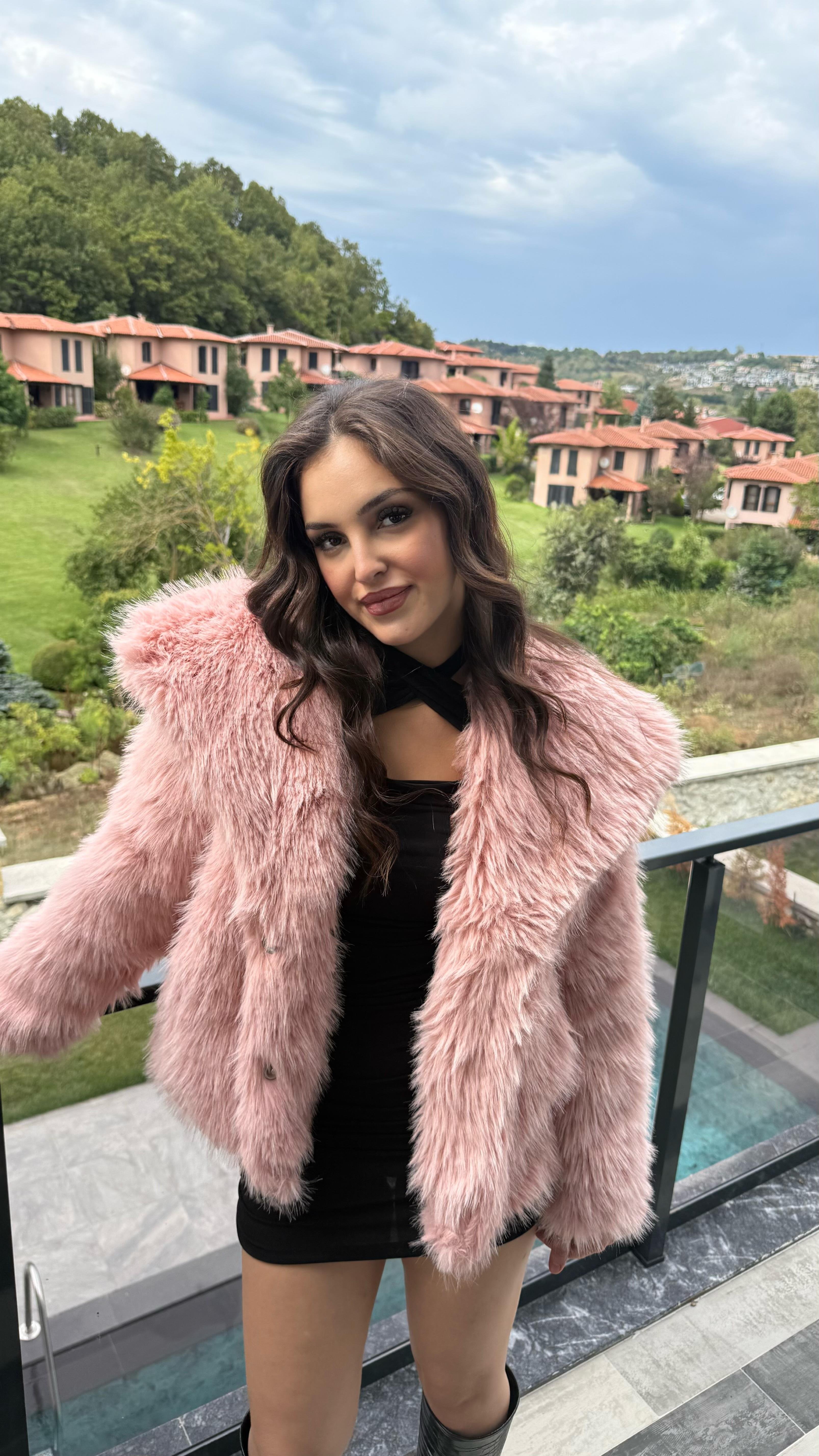 Şal Yaka Oversize Kürk Pembe