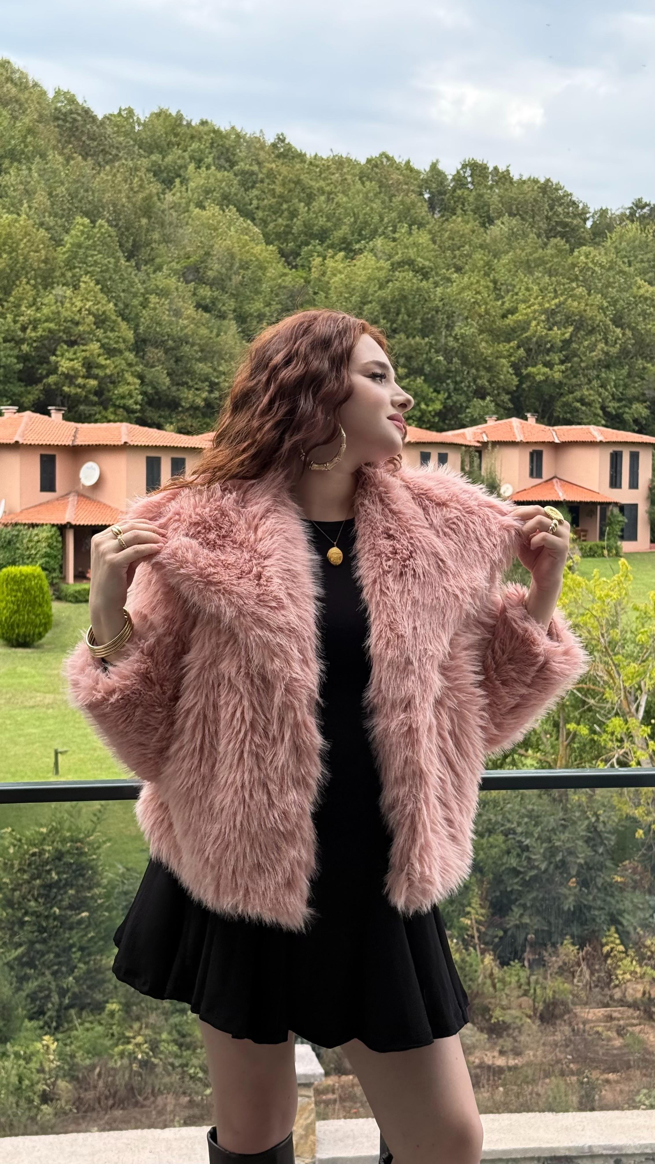 Şal Yaka Oversize Kürk Pembe