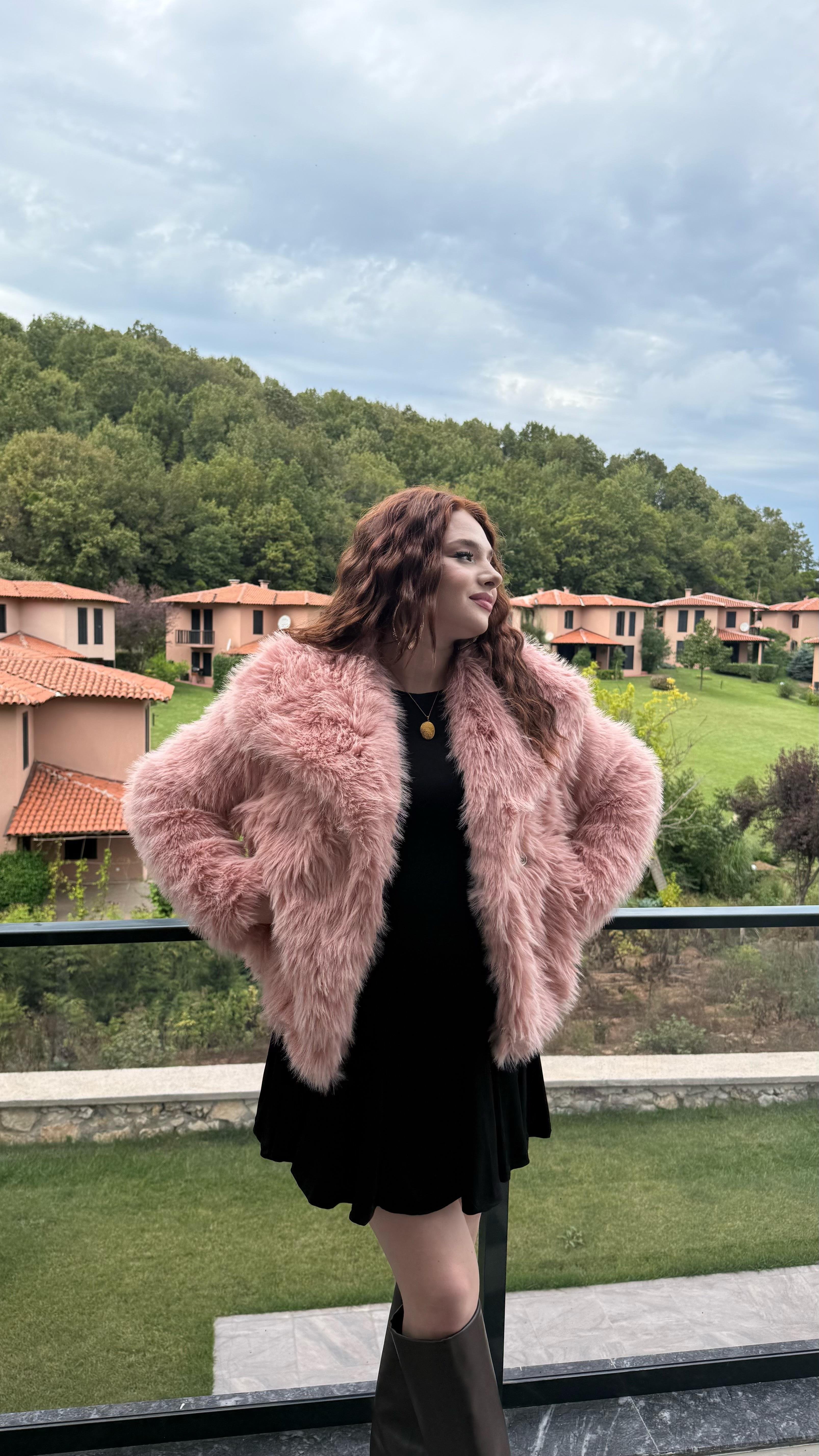 Şal Yaka Oversize Kürk Pembe
