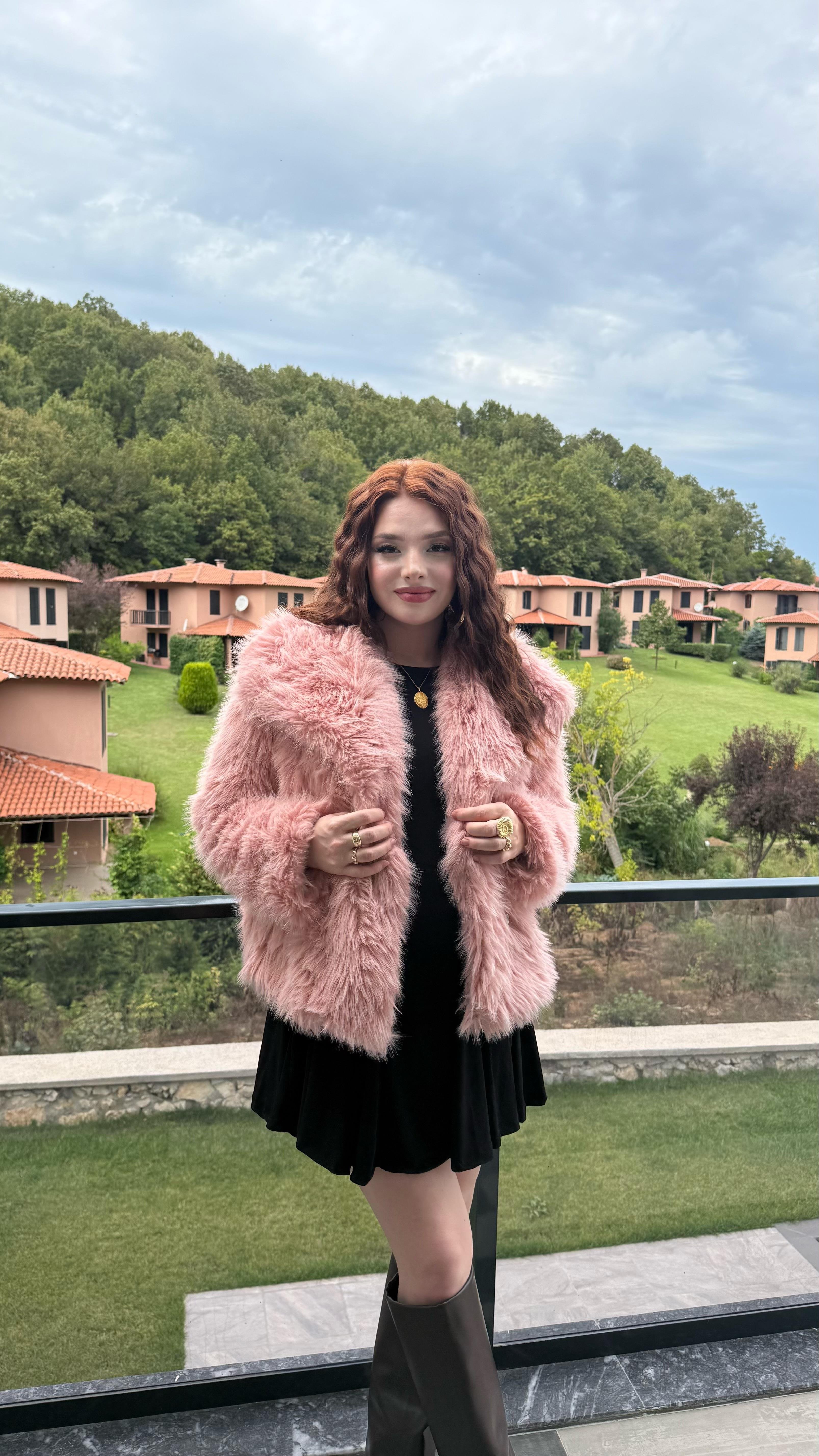 Şal Yaka Oversize Kürk Pembe
