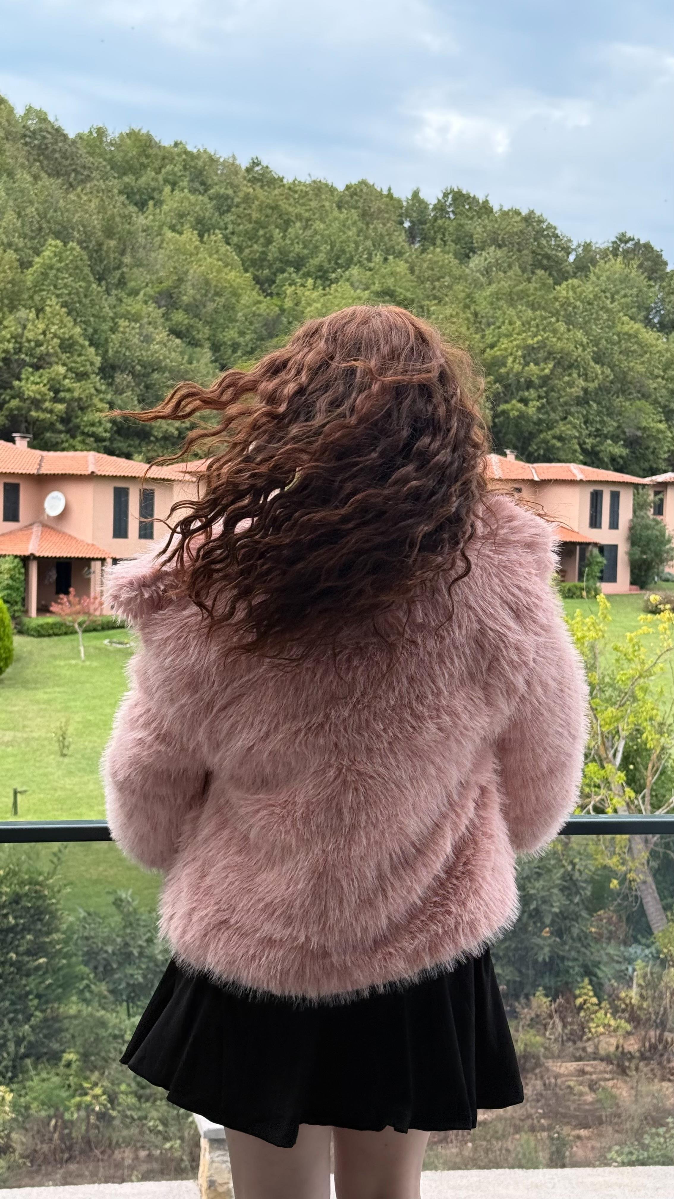 Şal Yaka Oversize Kürk Pembe