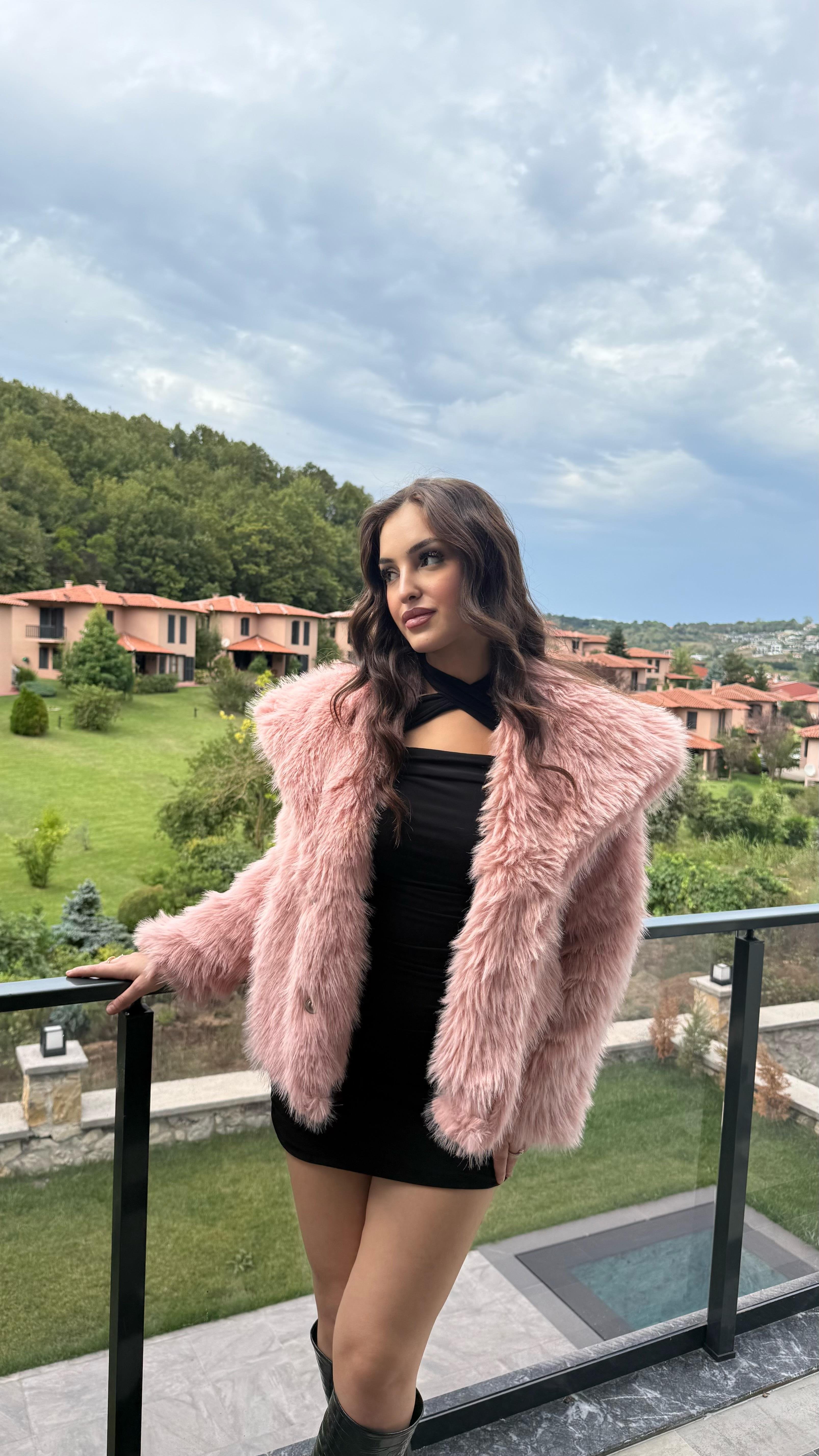 Şal Yaka Oversize Kürk Pembe