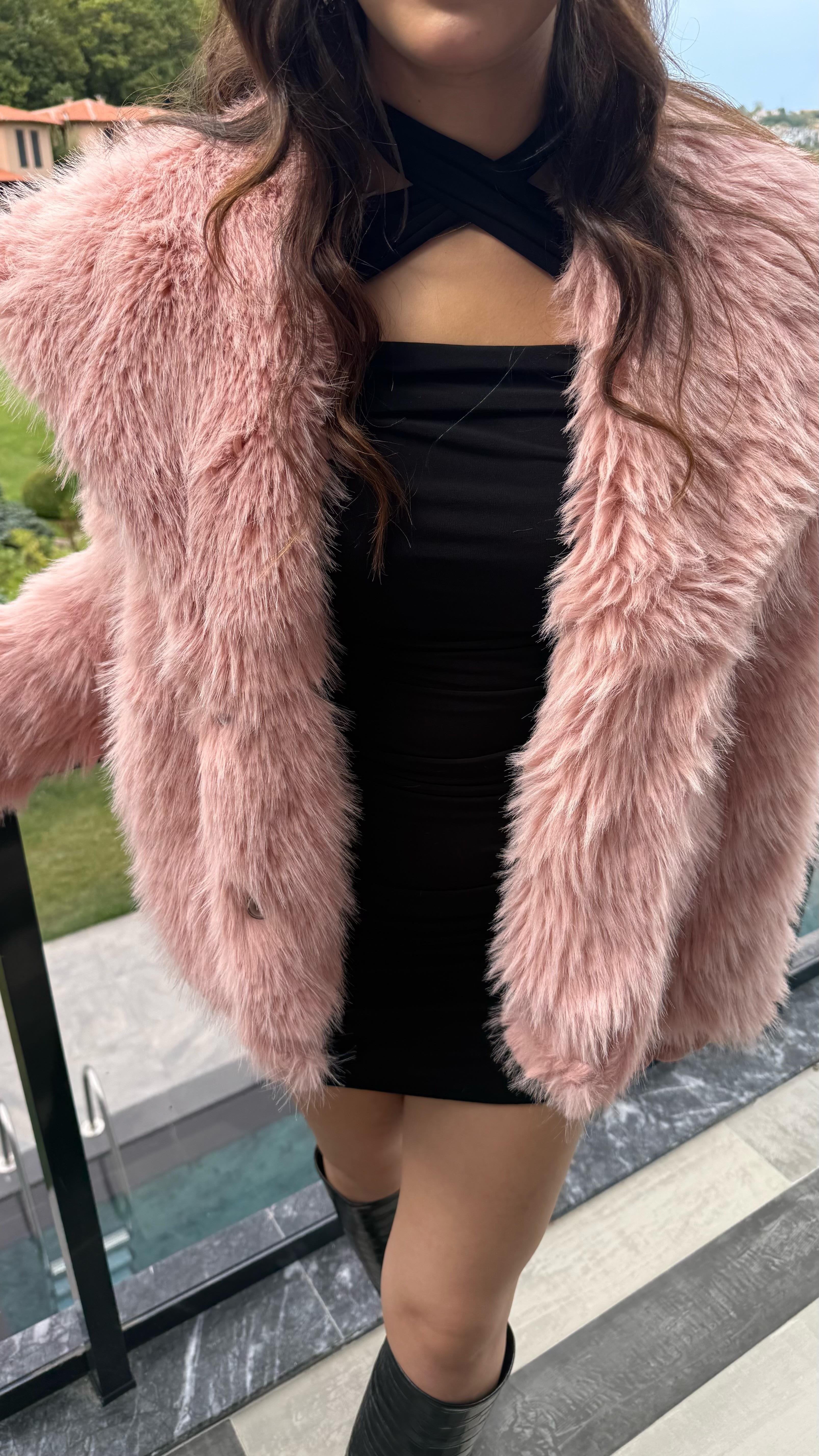 Şal Yaka Oversize Kürk Pembe