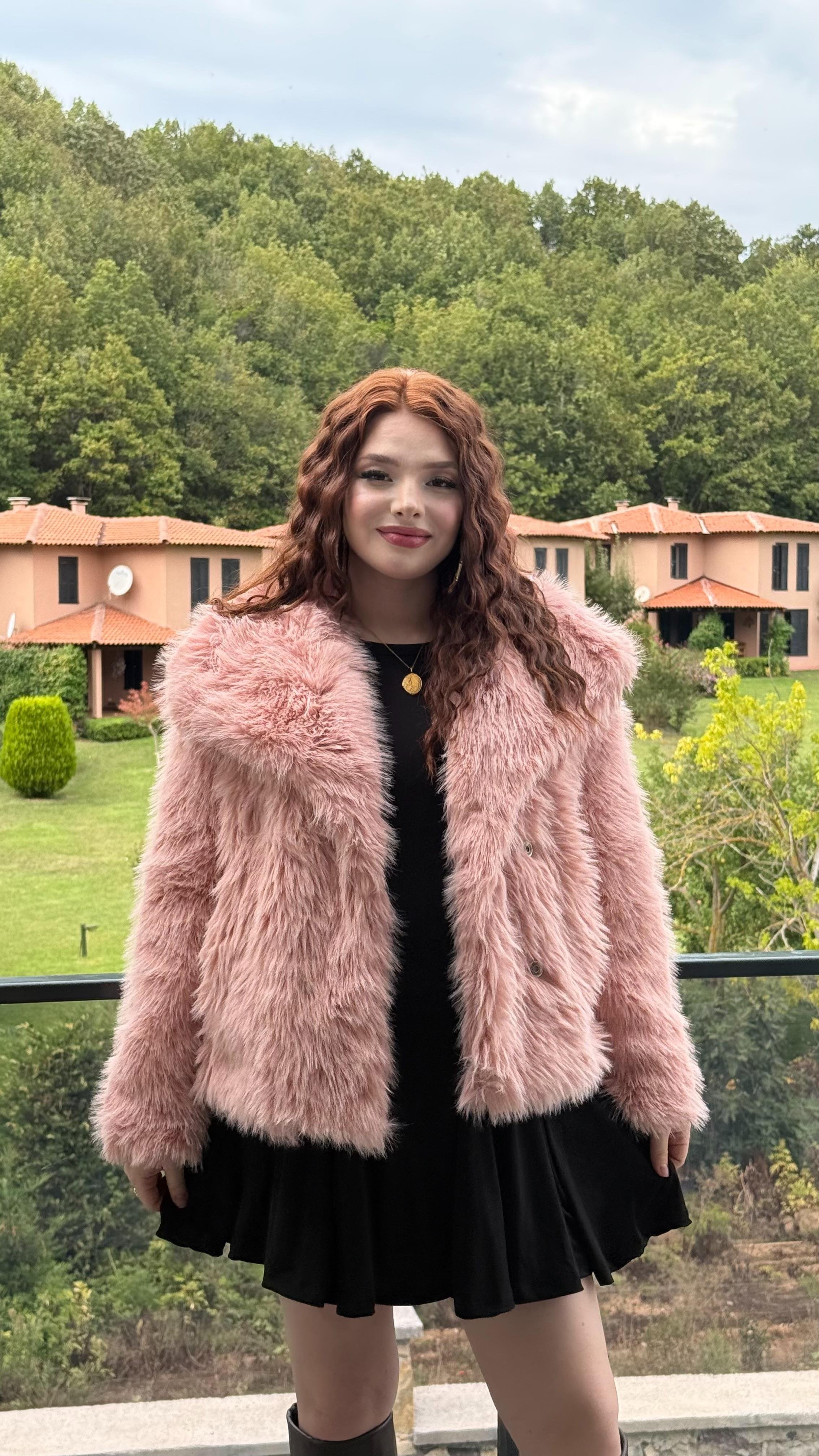 Şal Yaka Oversize Kürk Pembe