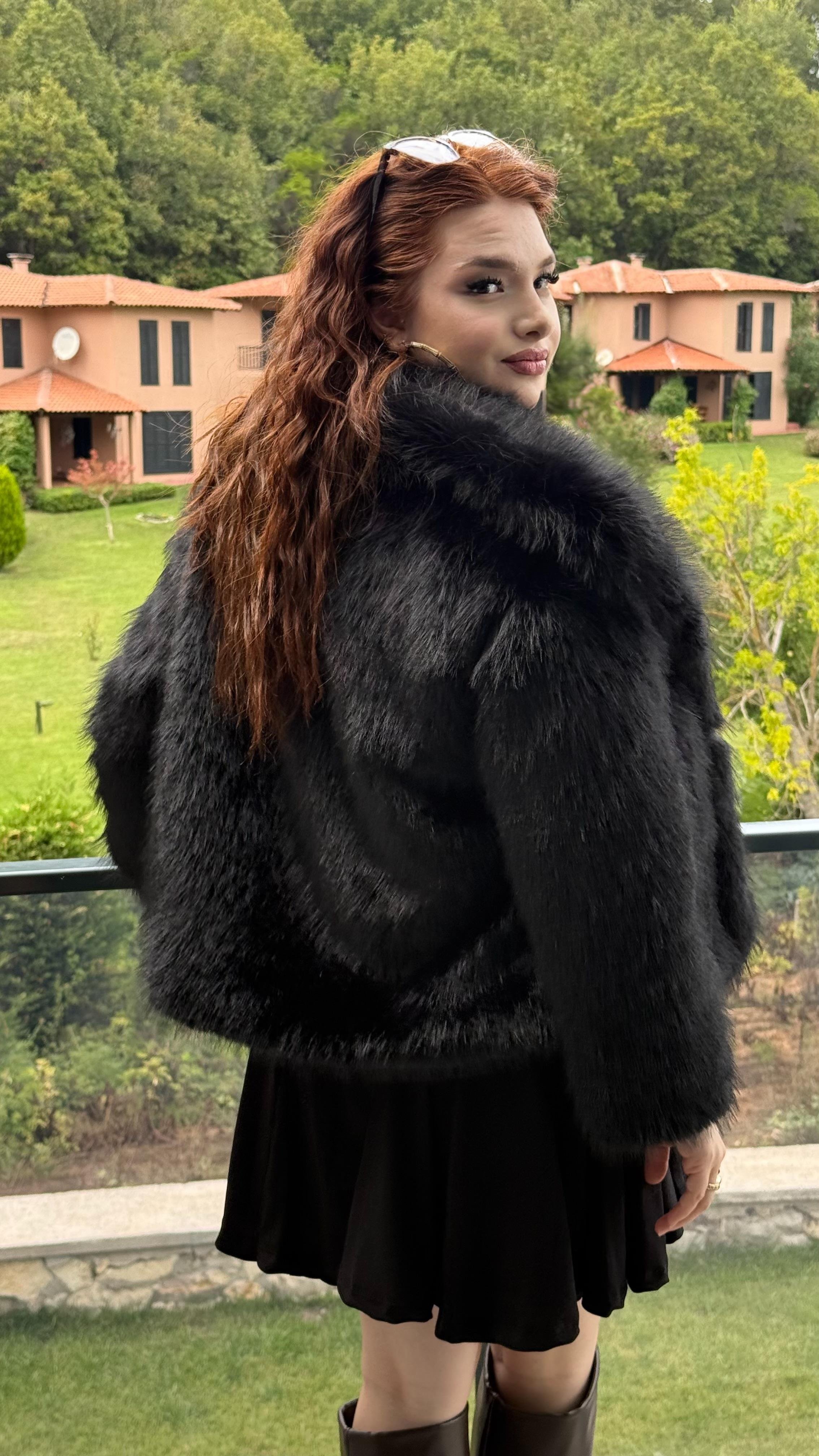 Şal Yaka Oversize Kürk Siyah