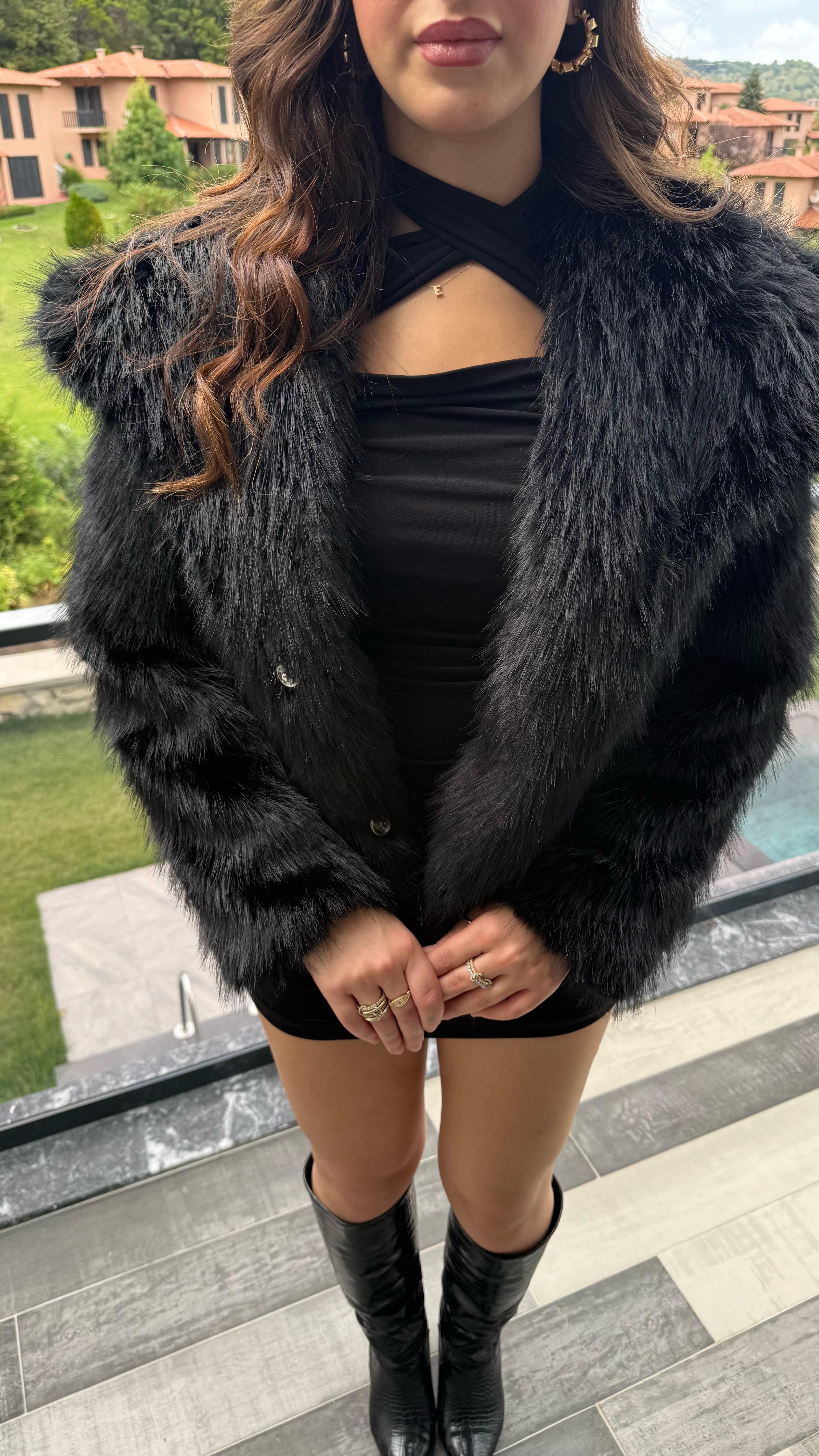 Şal Yaka Oversize Kürk Siyah