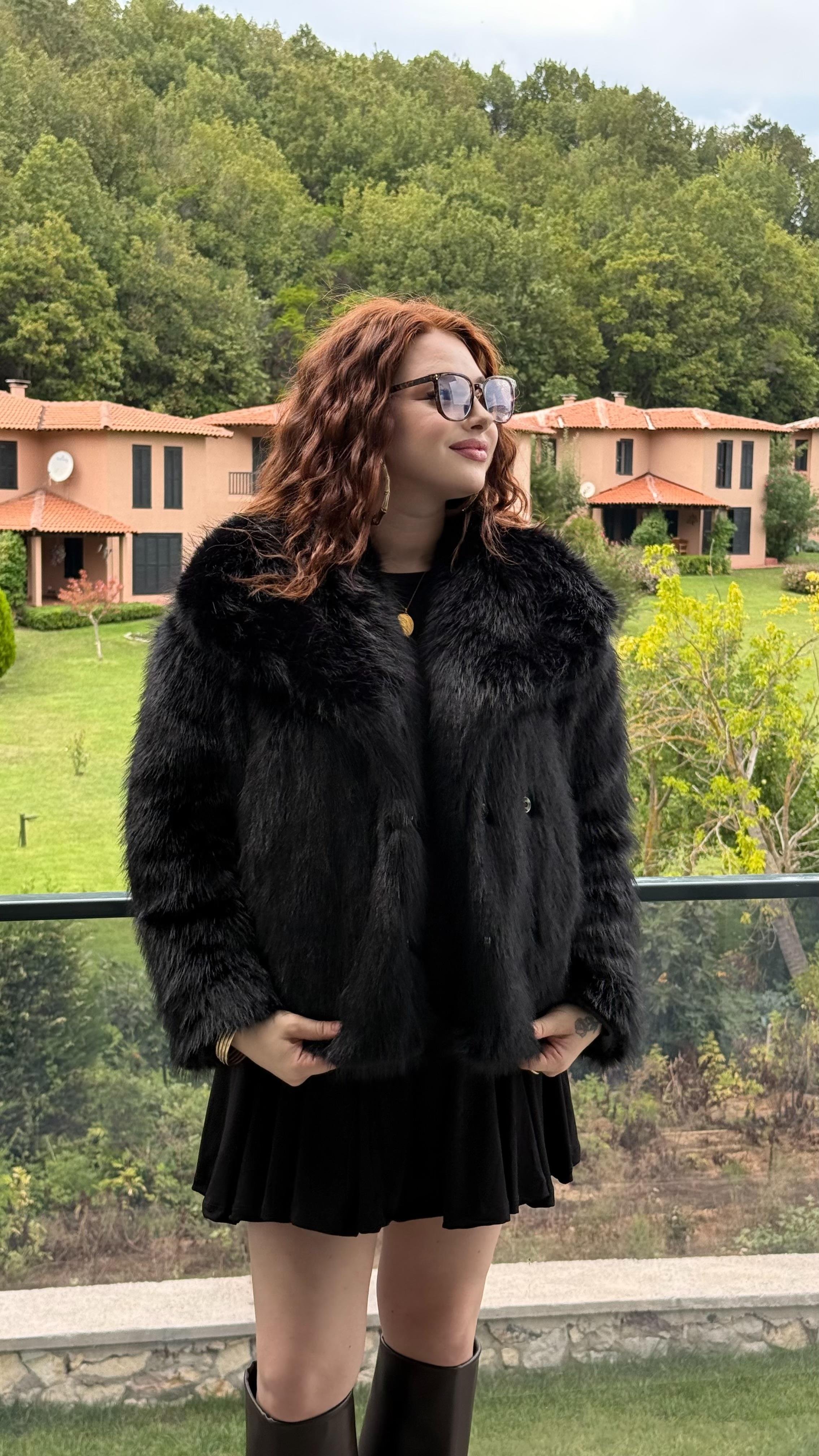 Şal Yaka Oversize Kürk Siyah