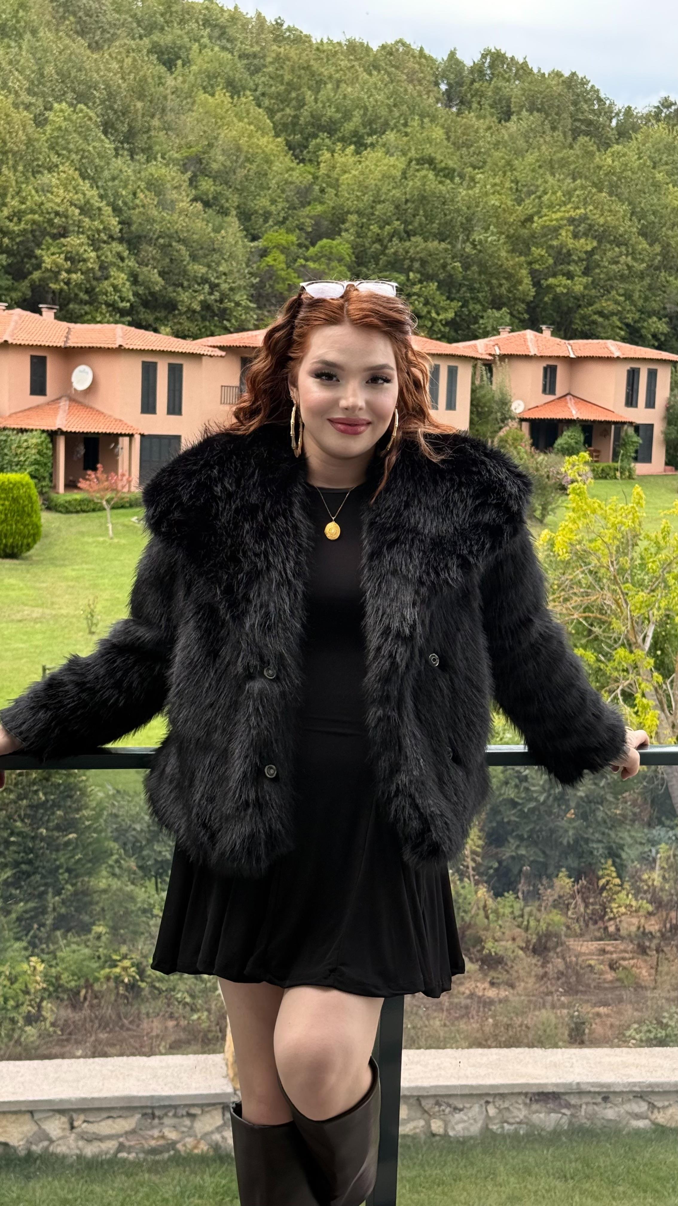 Şal Yaka Oversize Kürk Siyah