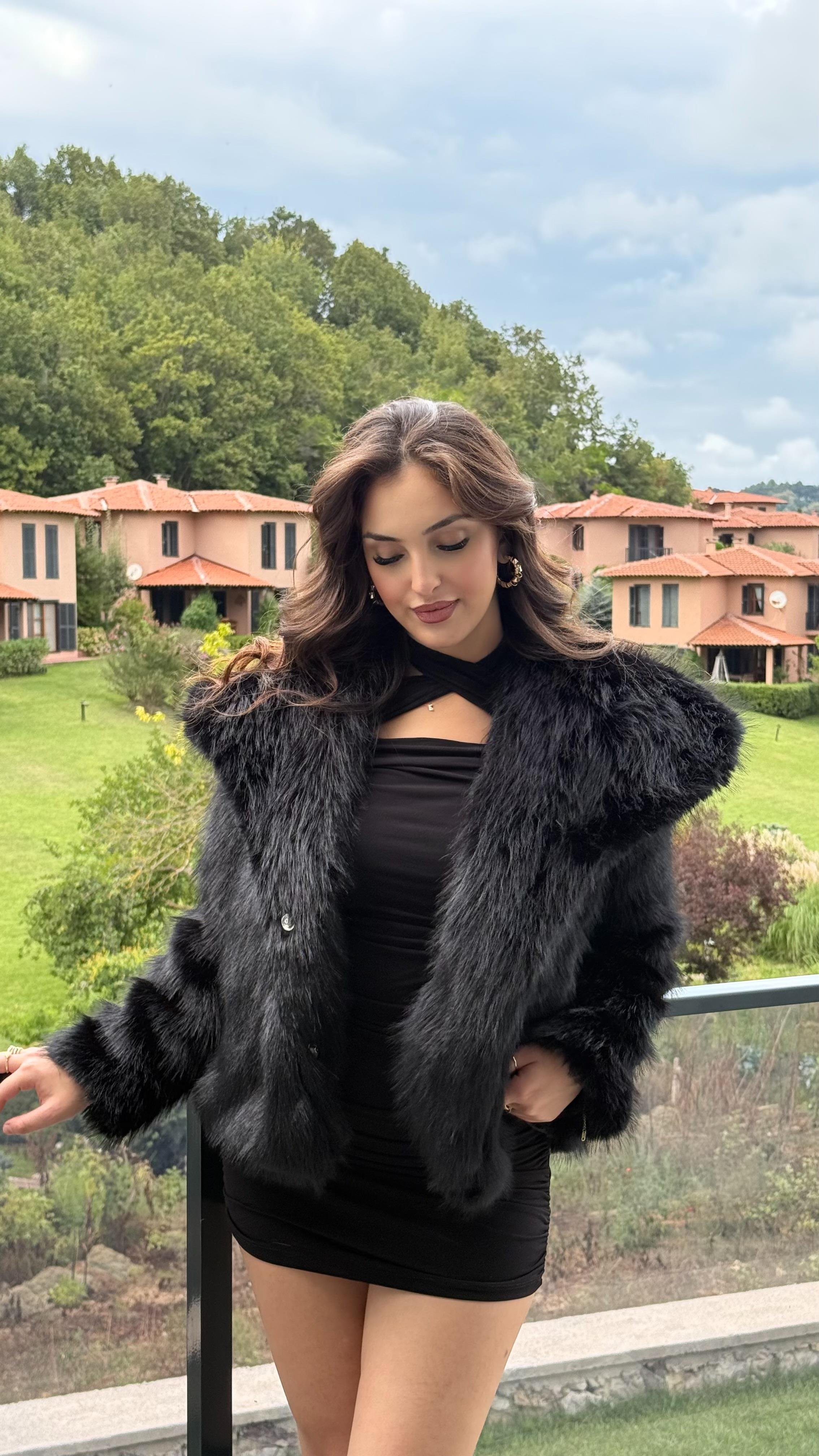 Şal Yaka Oversize Kürk Siyah