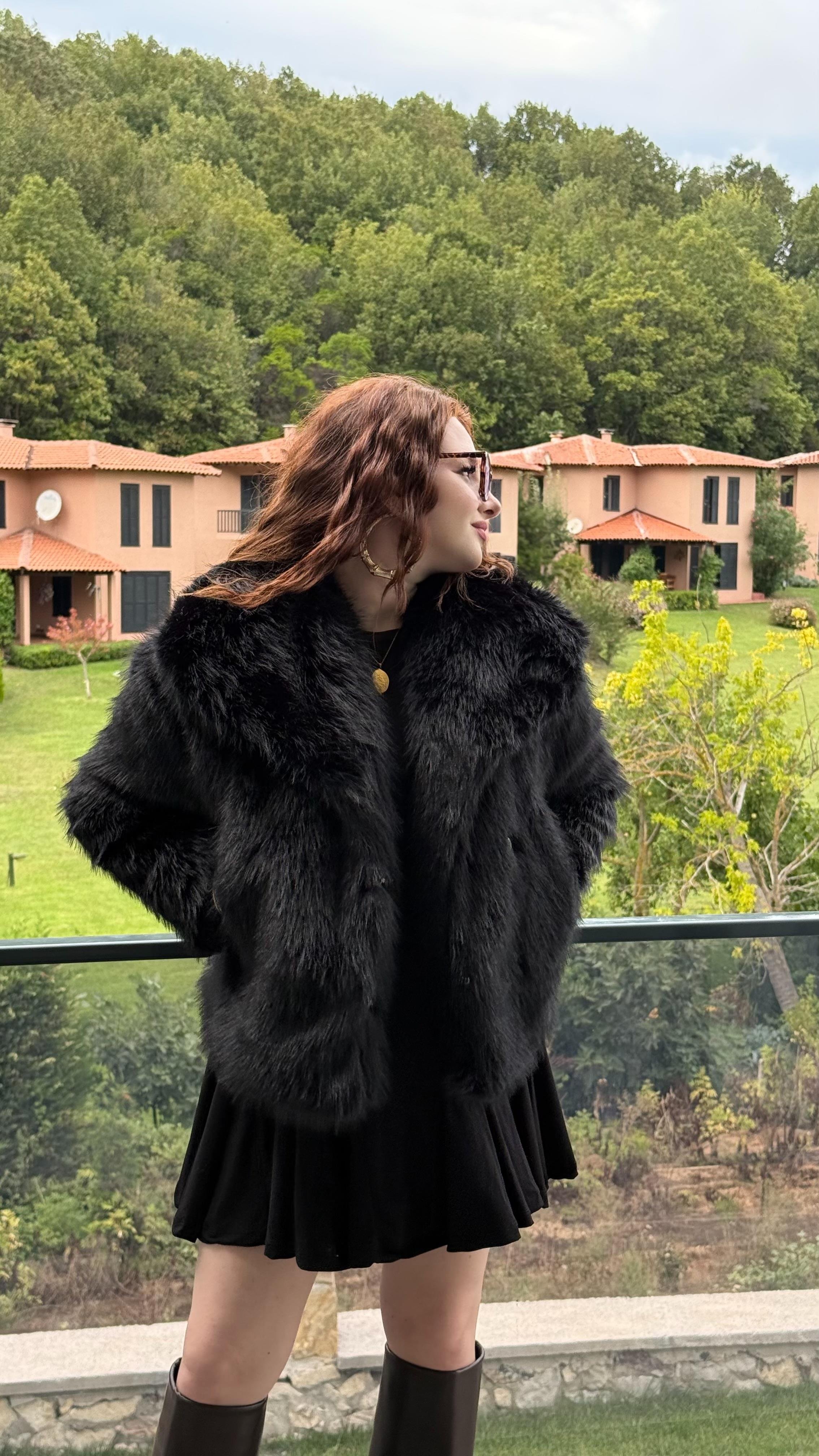 Şal Yaka Oversize Kürk Siyah