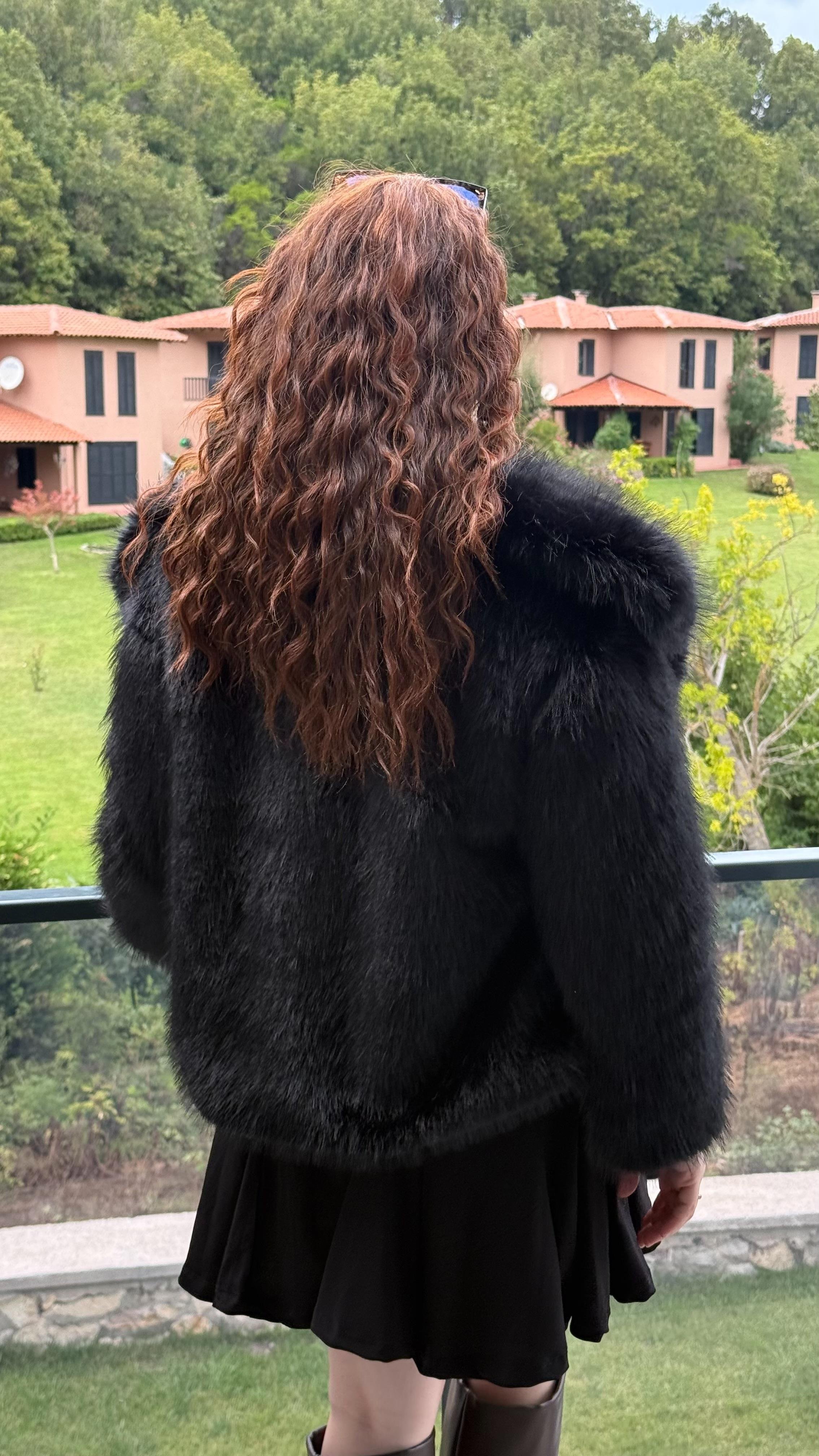 Şal Yaka Oversize Kürk Siyah