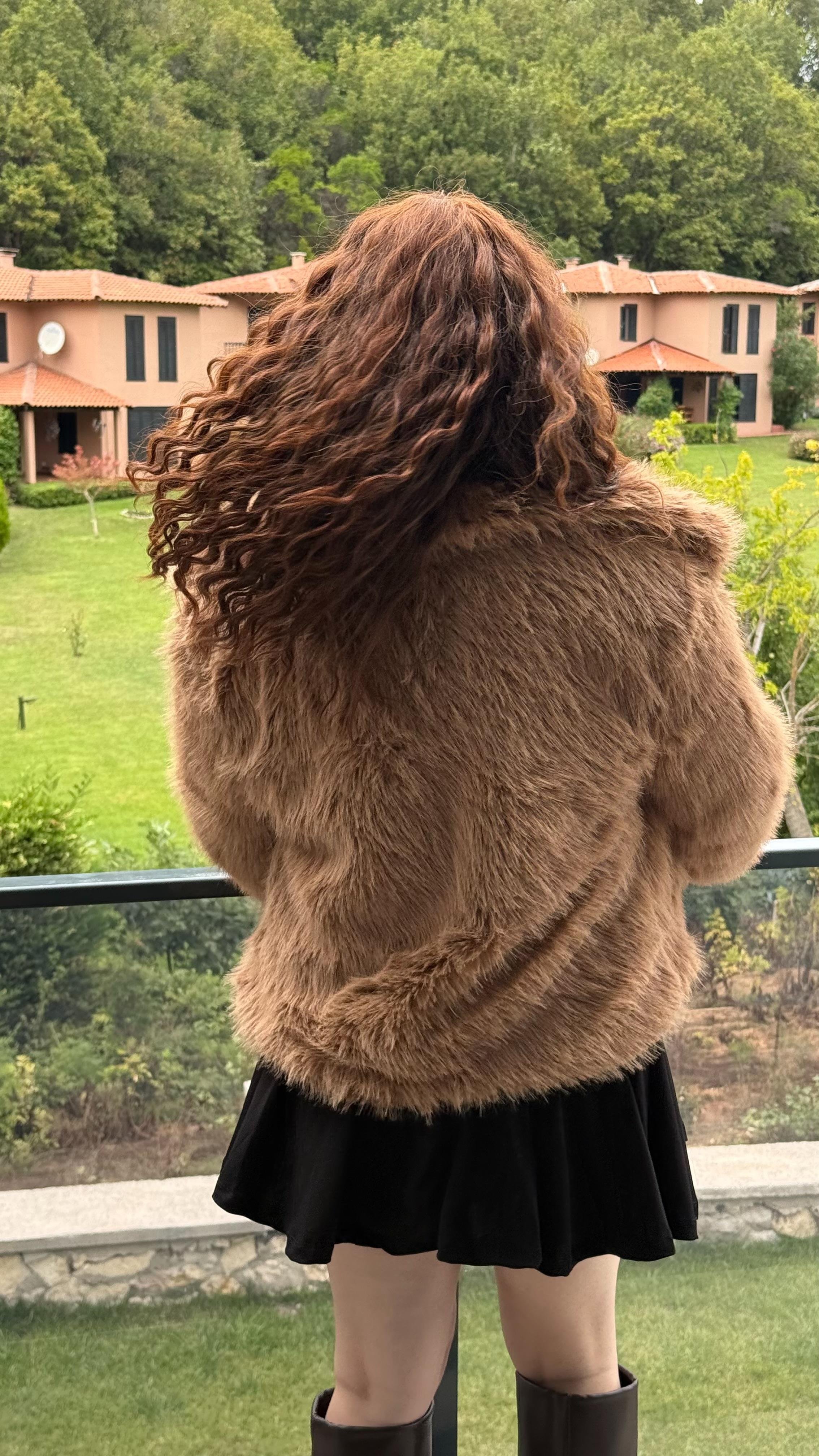Şal Yaka Oversize Kürk Sütlü Kahverengi