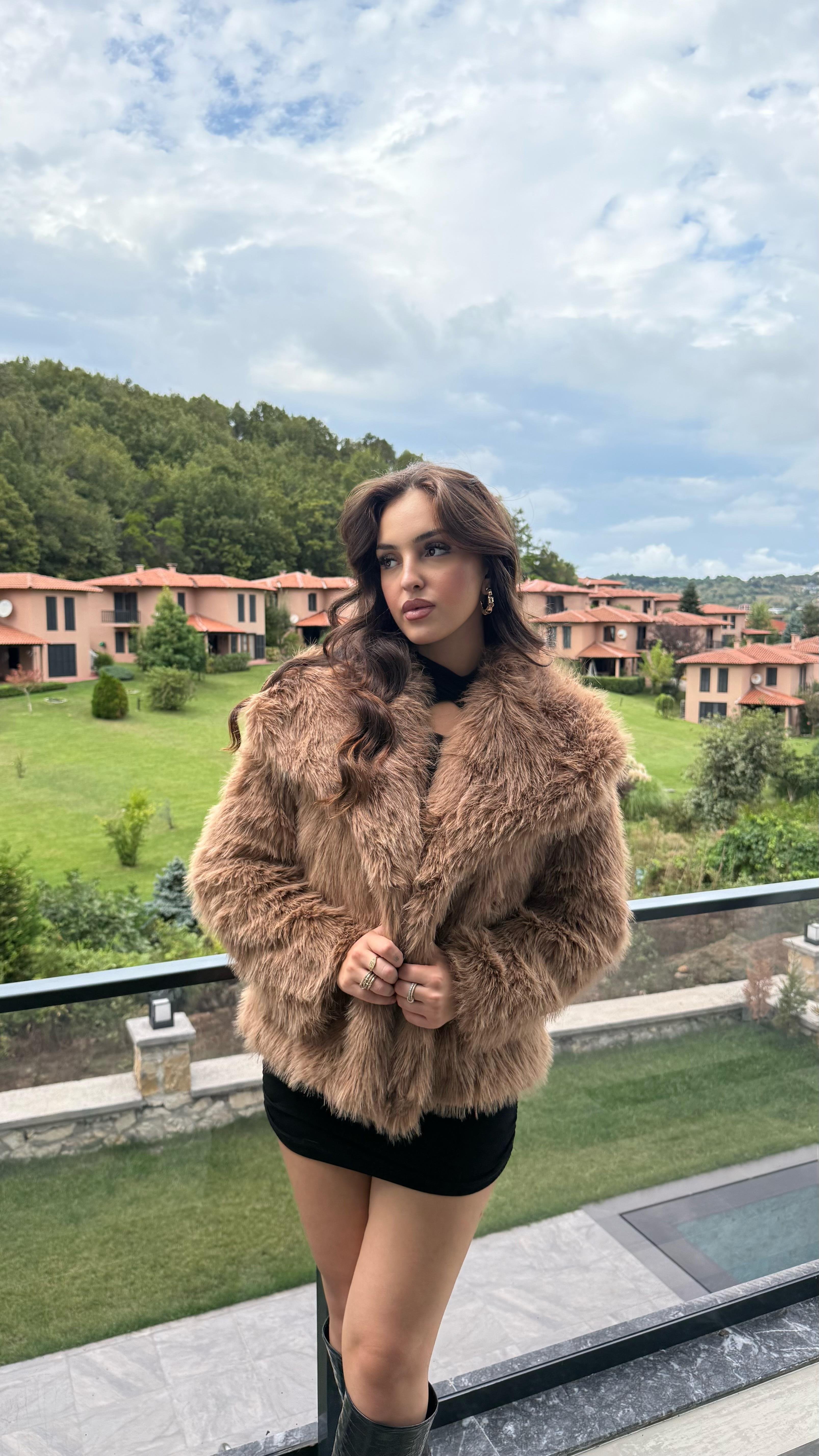 Şal Yaka Oversize Kürk Sütlü Kahverengi