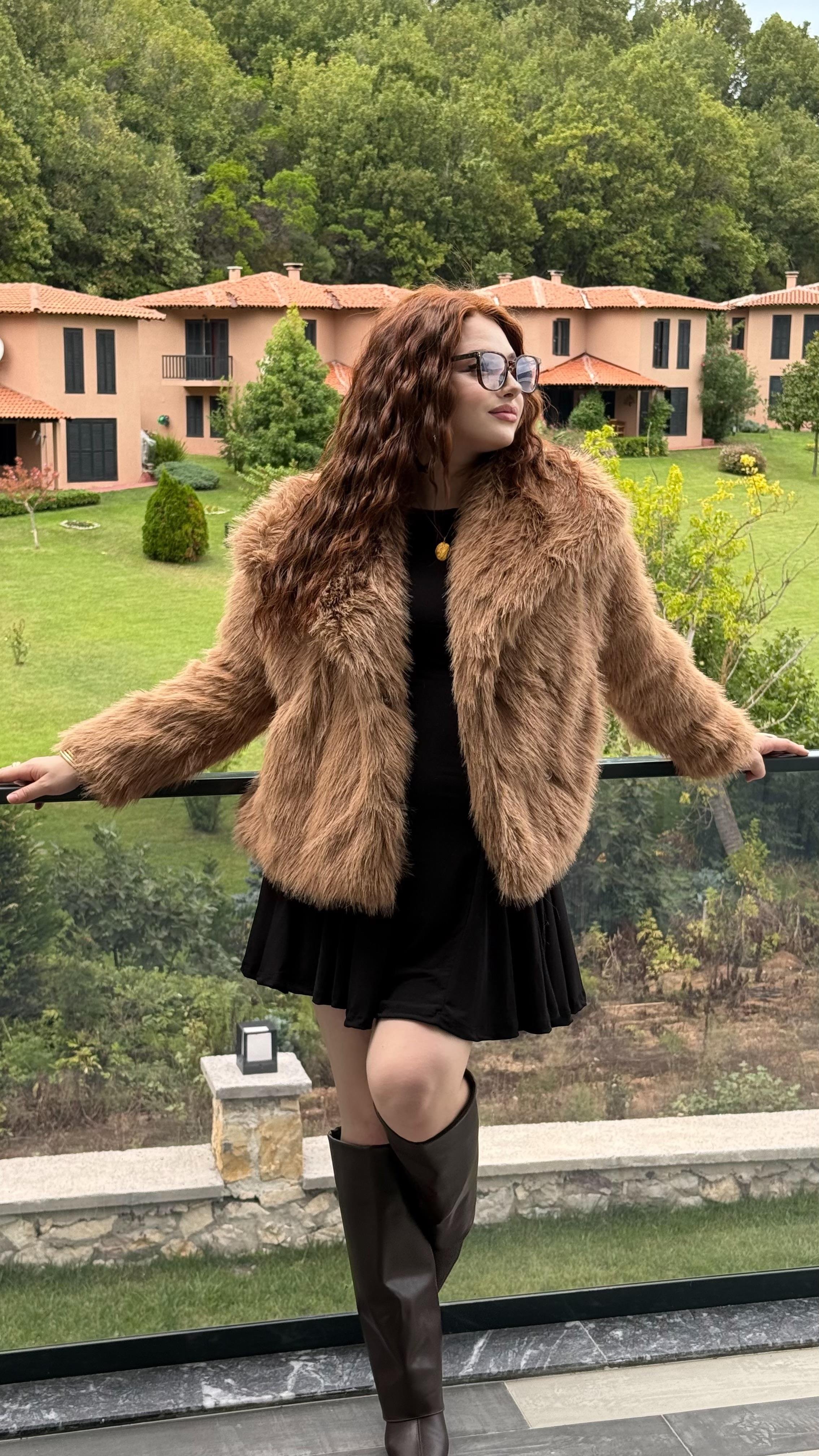 Şal Yaka Oversize Kürk Sütlü Kahverengi