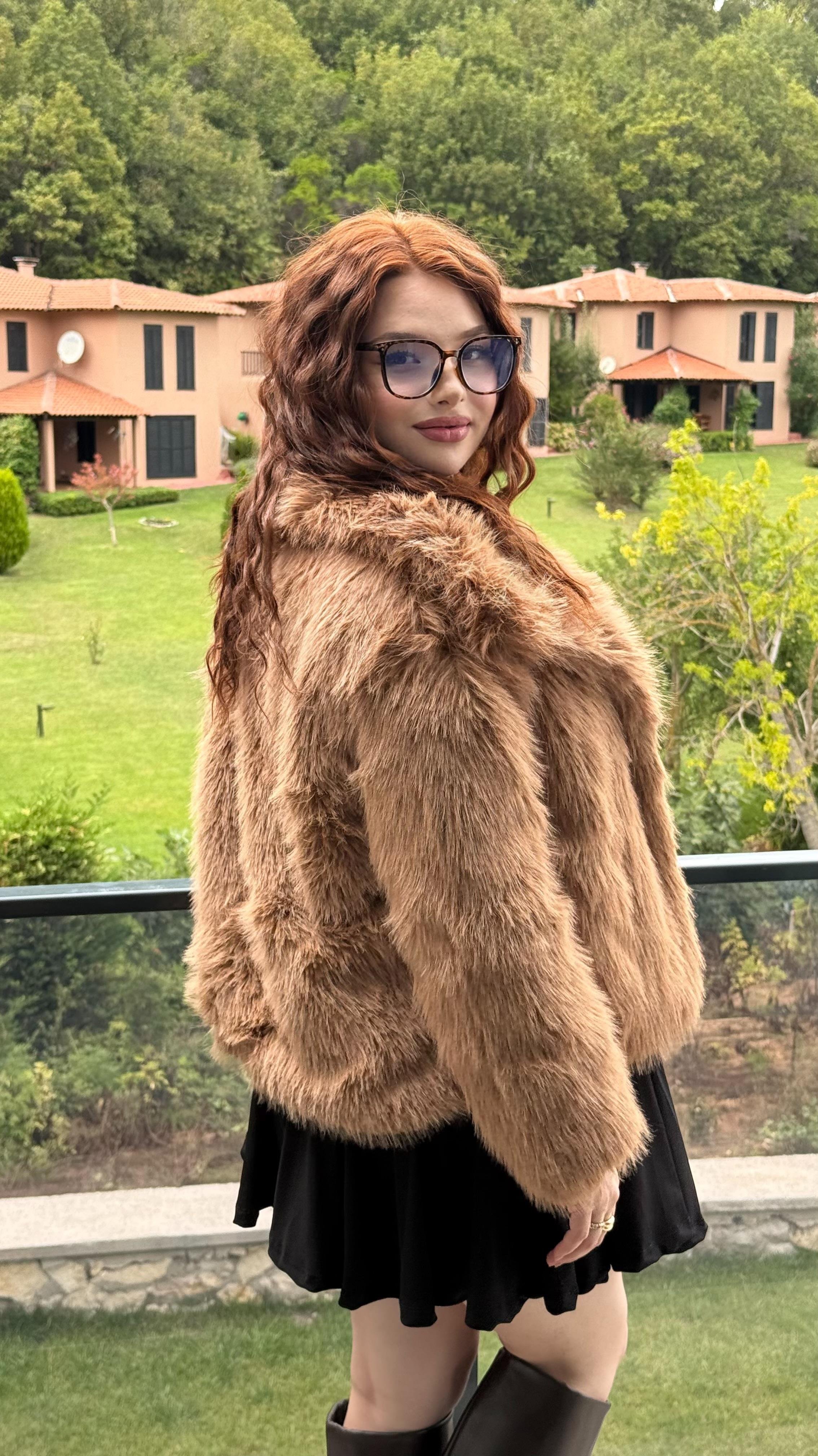 Şal Yaka Oversize Kürk Sütlü Kahverengi