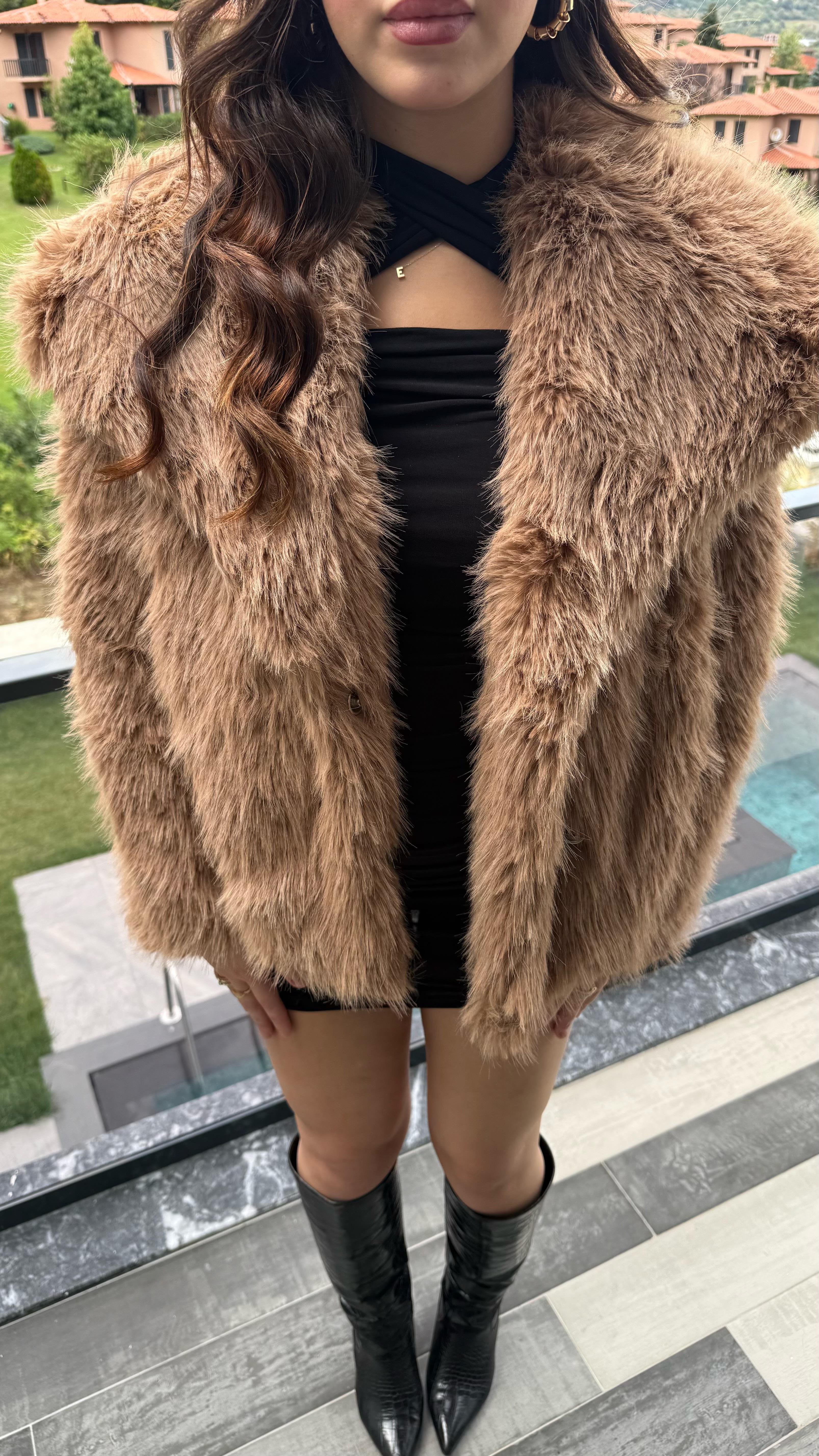 Şal Yaka Oversize Kürk Sütlü Kahverengi