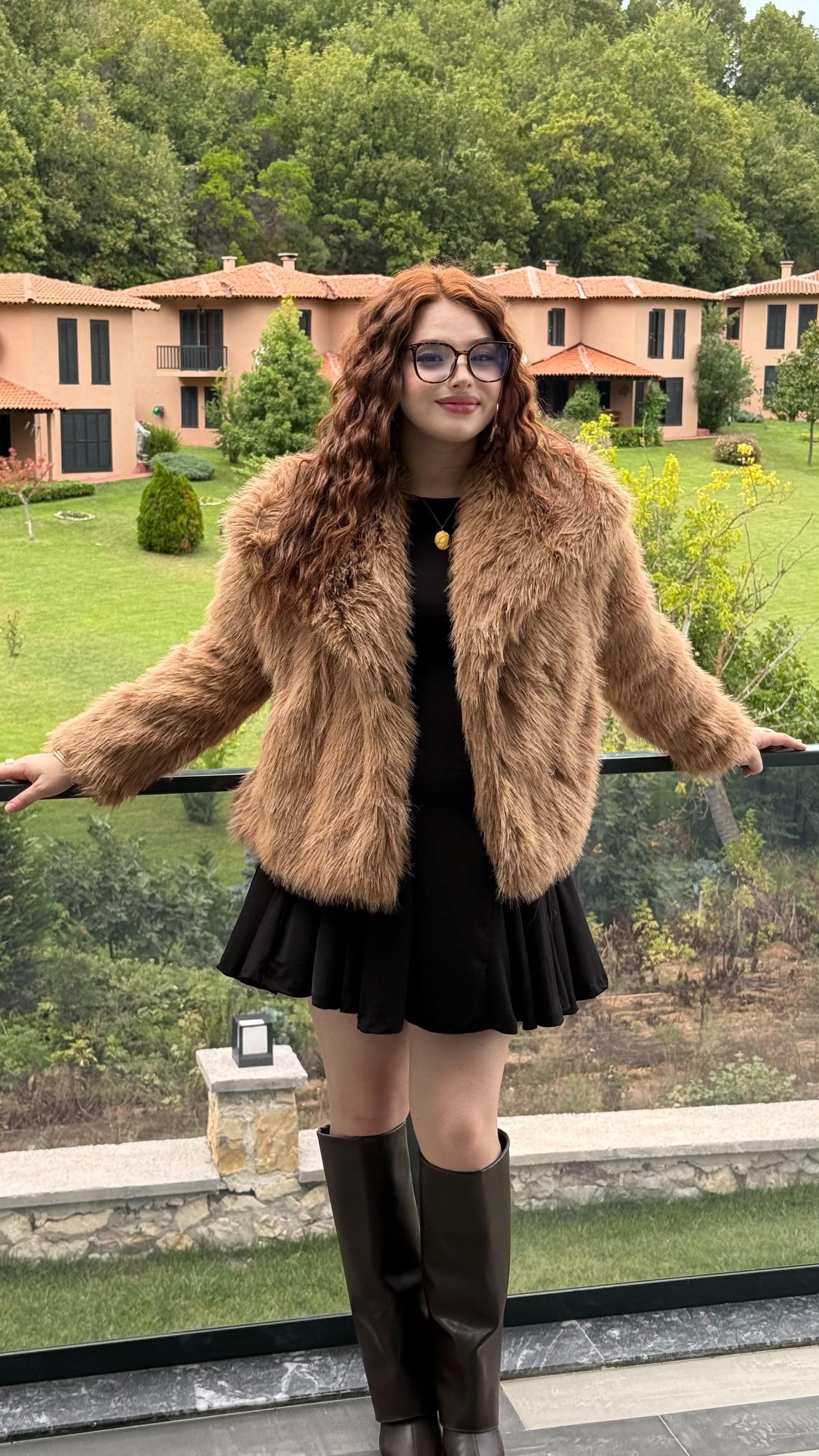 Şal Yaka Oversize Kürk Sütlü Kahverengi