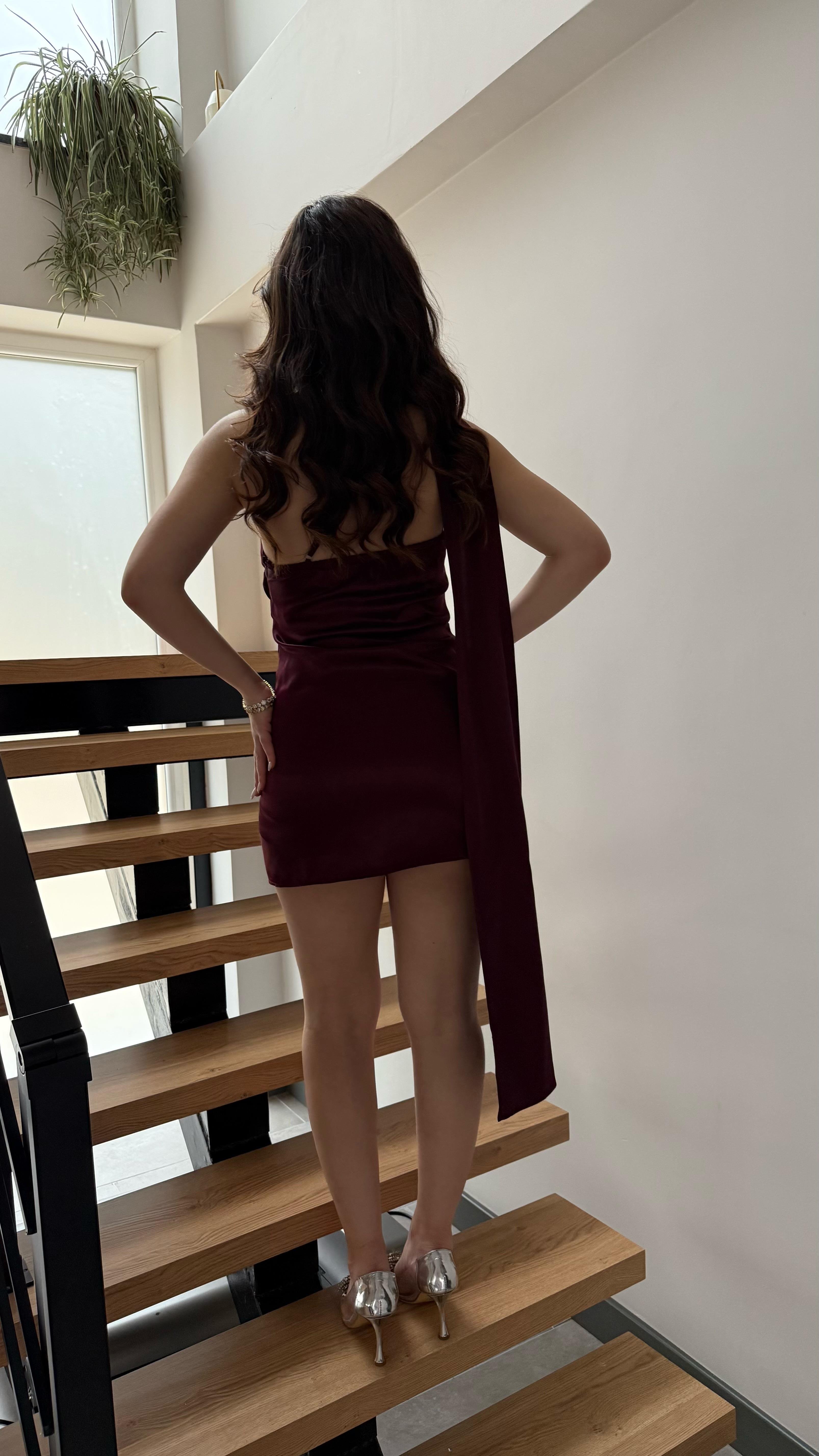 Şallı Mini Saten Elbise Bordo