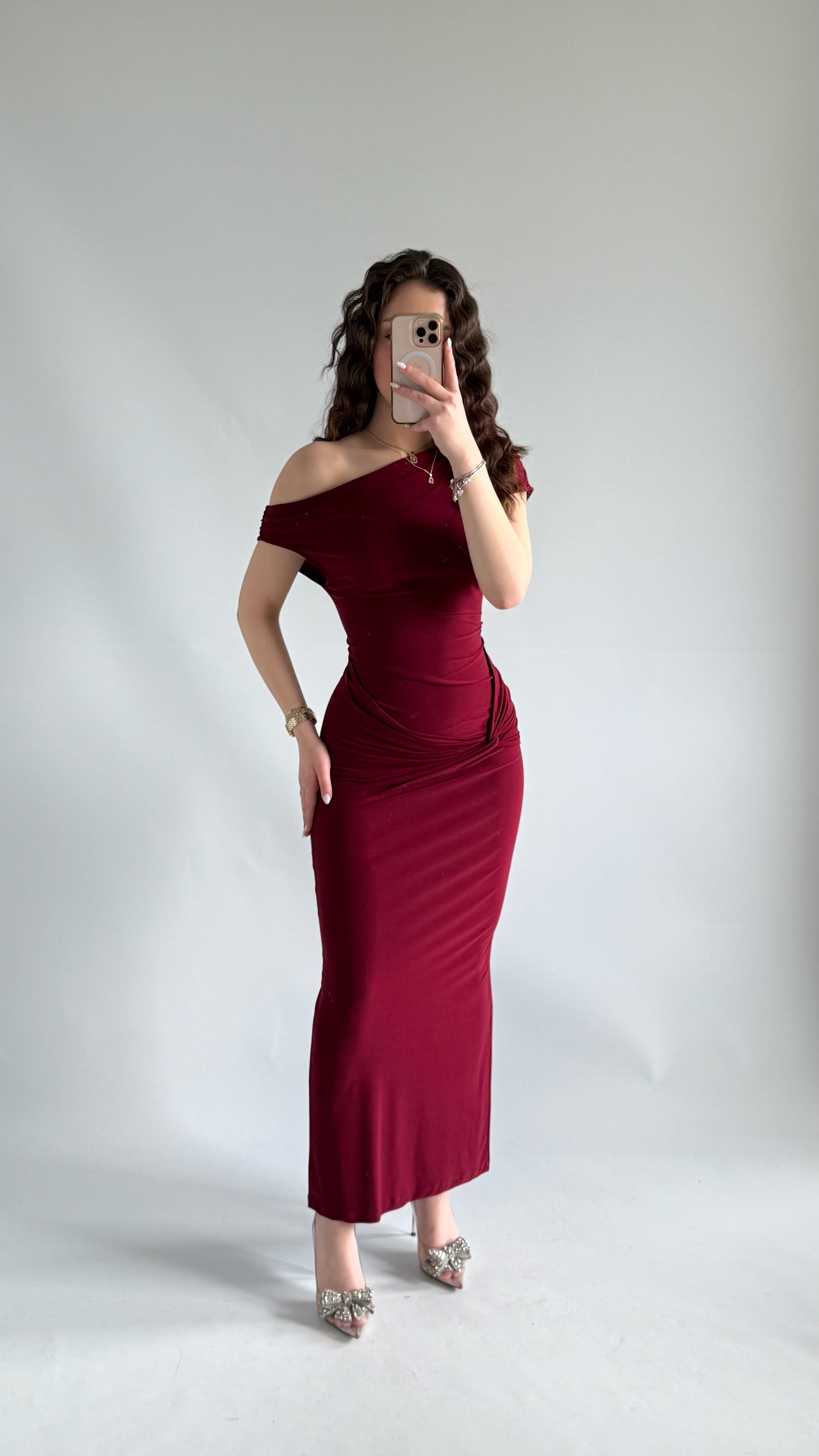 Salvatore Kayık Yaka Elbise Bordo