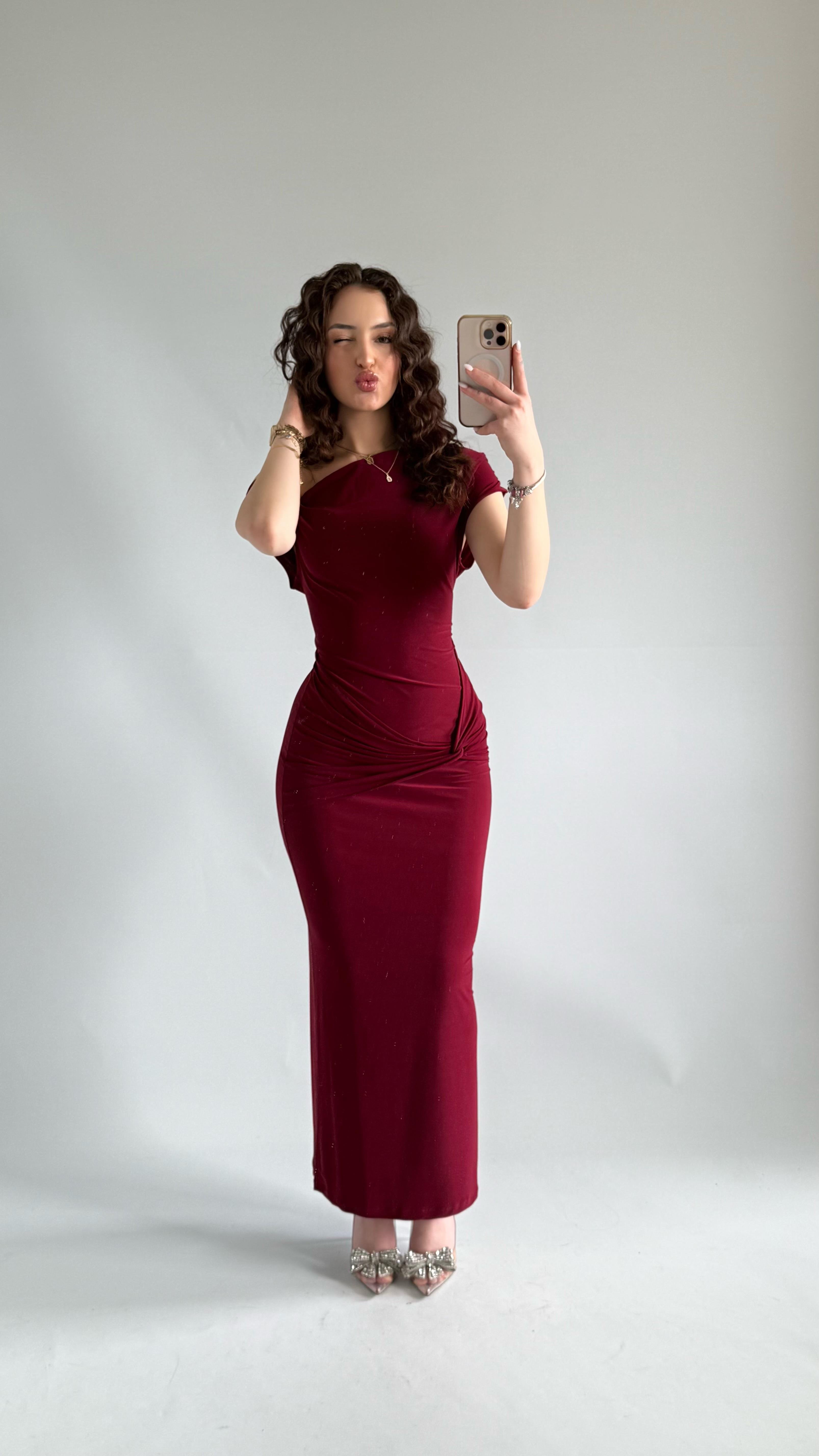 Salvatore Kayık Yaka Elbise Bordo