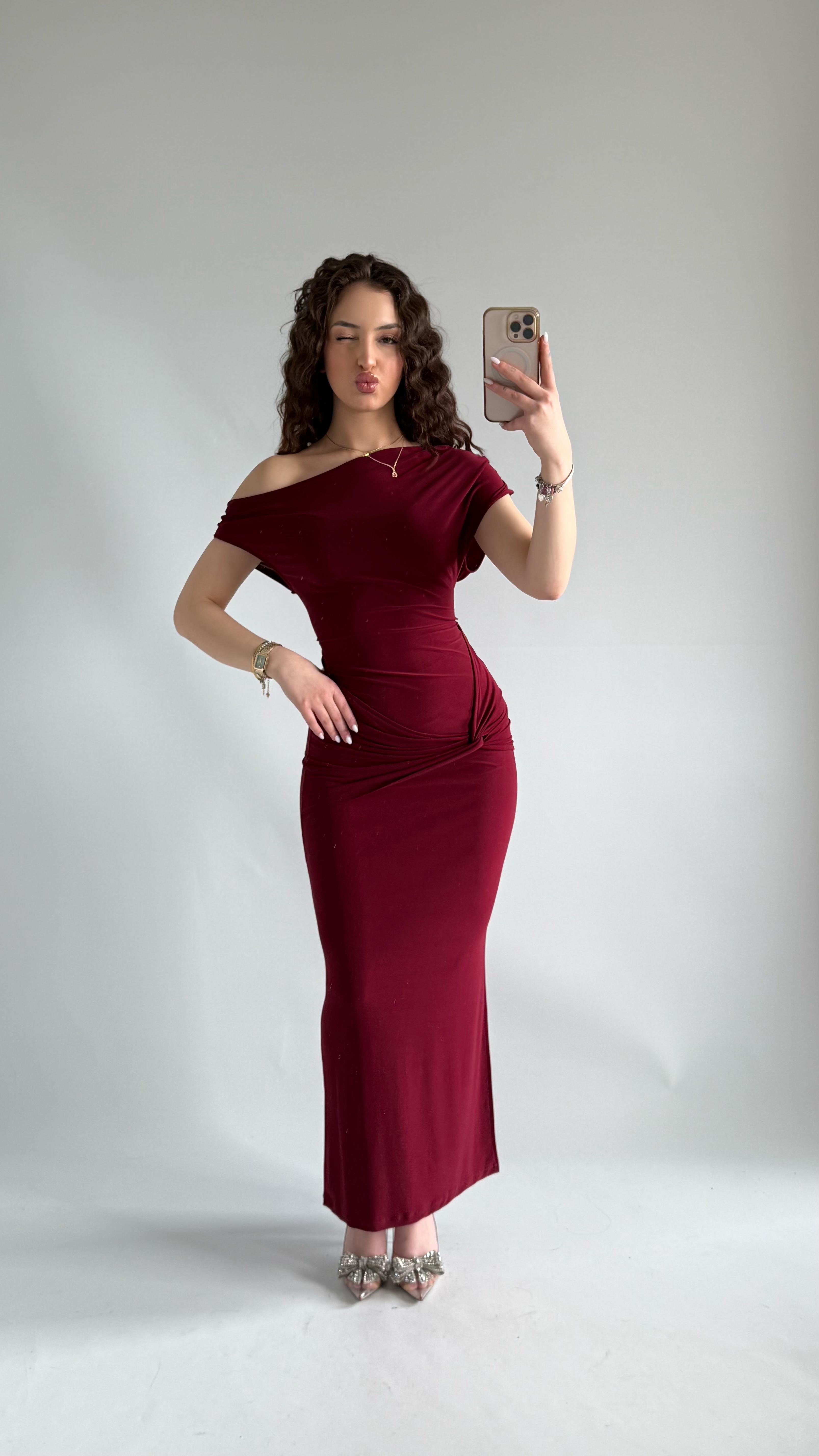 Salvatore Kayık Yaka Elbise Bordo