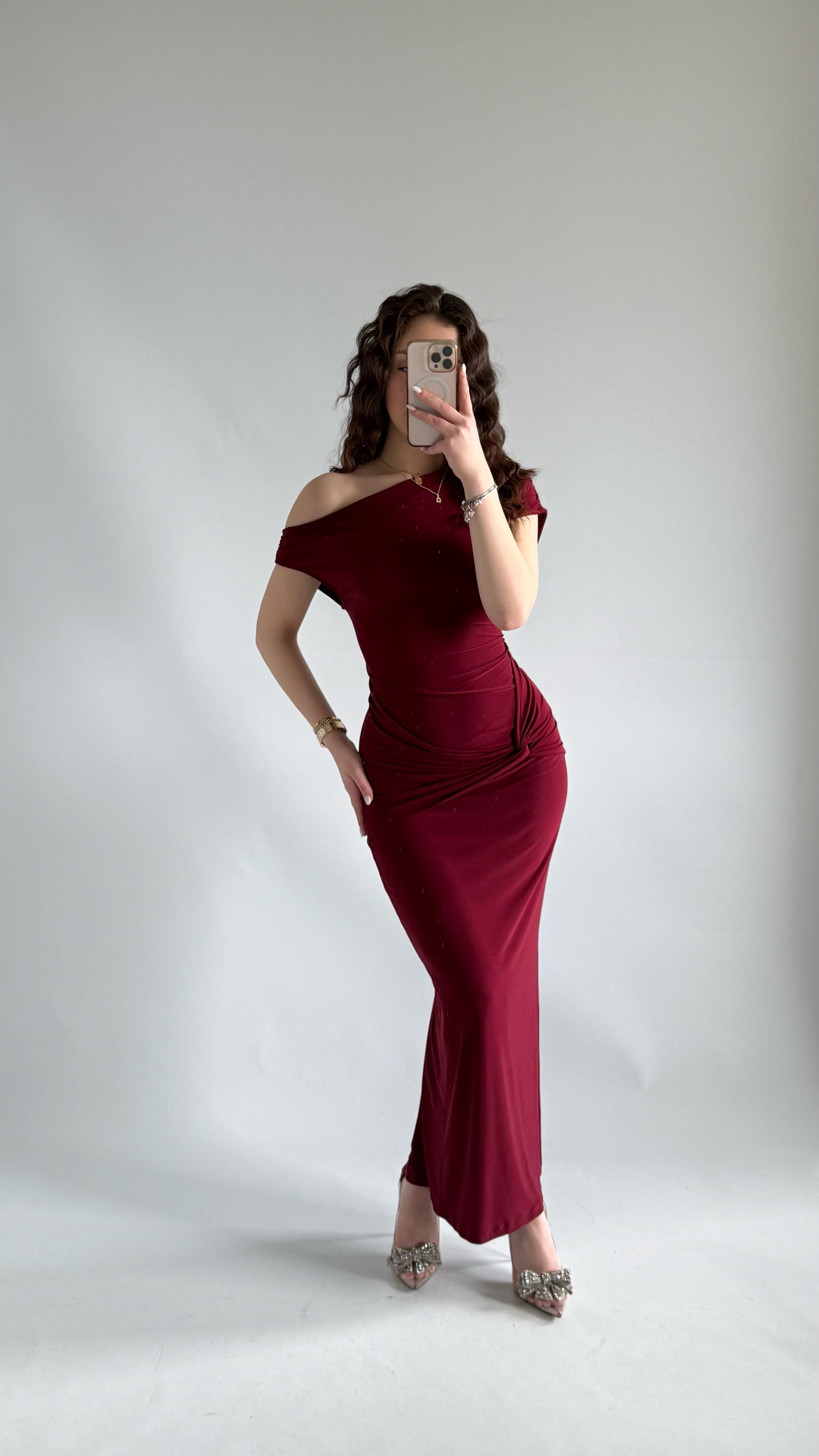 Salvatore Kayık Yaka Elbise Bordo