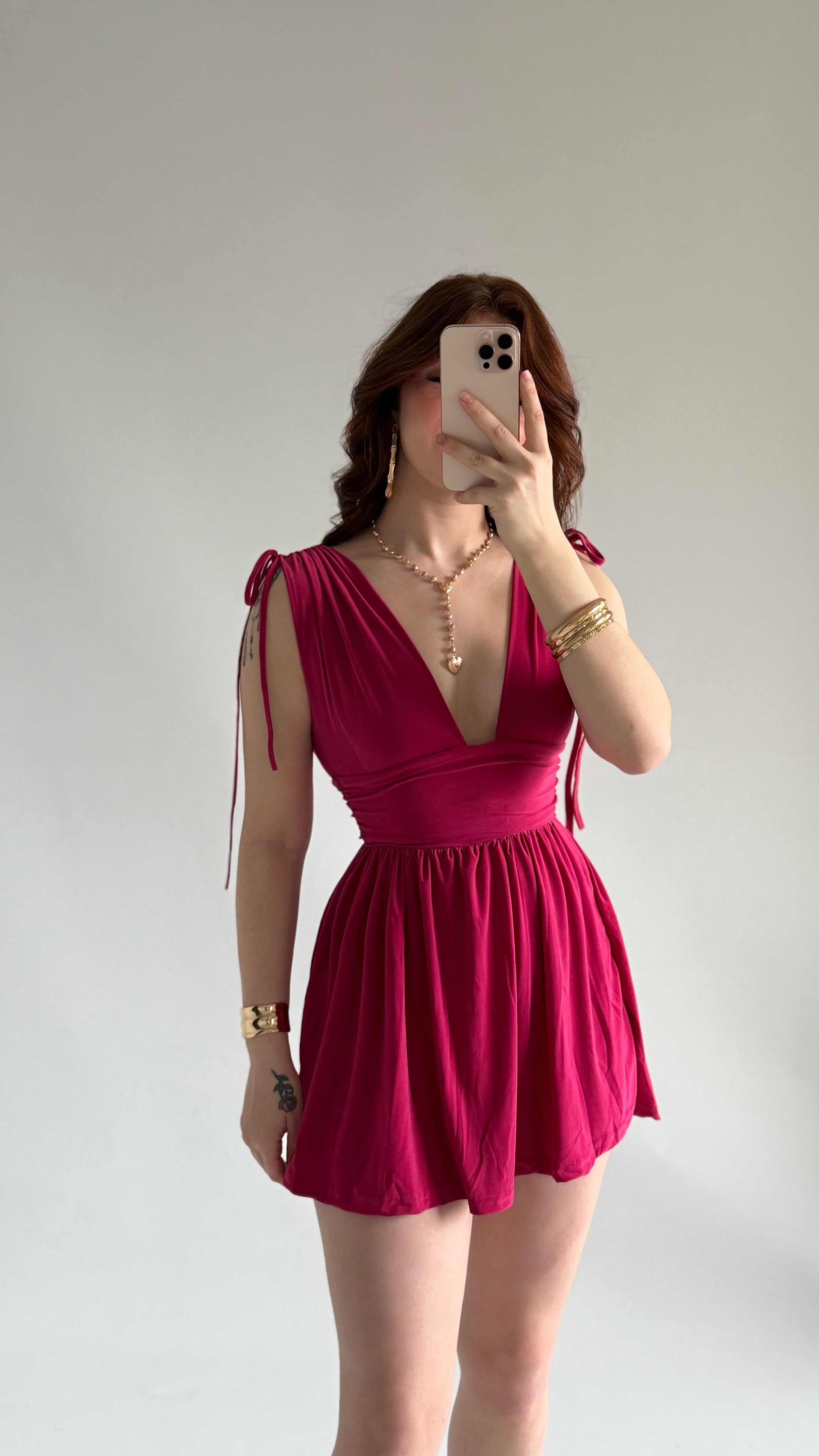 Sandy Dekolte Şortlu Kısa Elbise Pembe