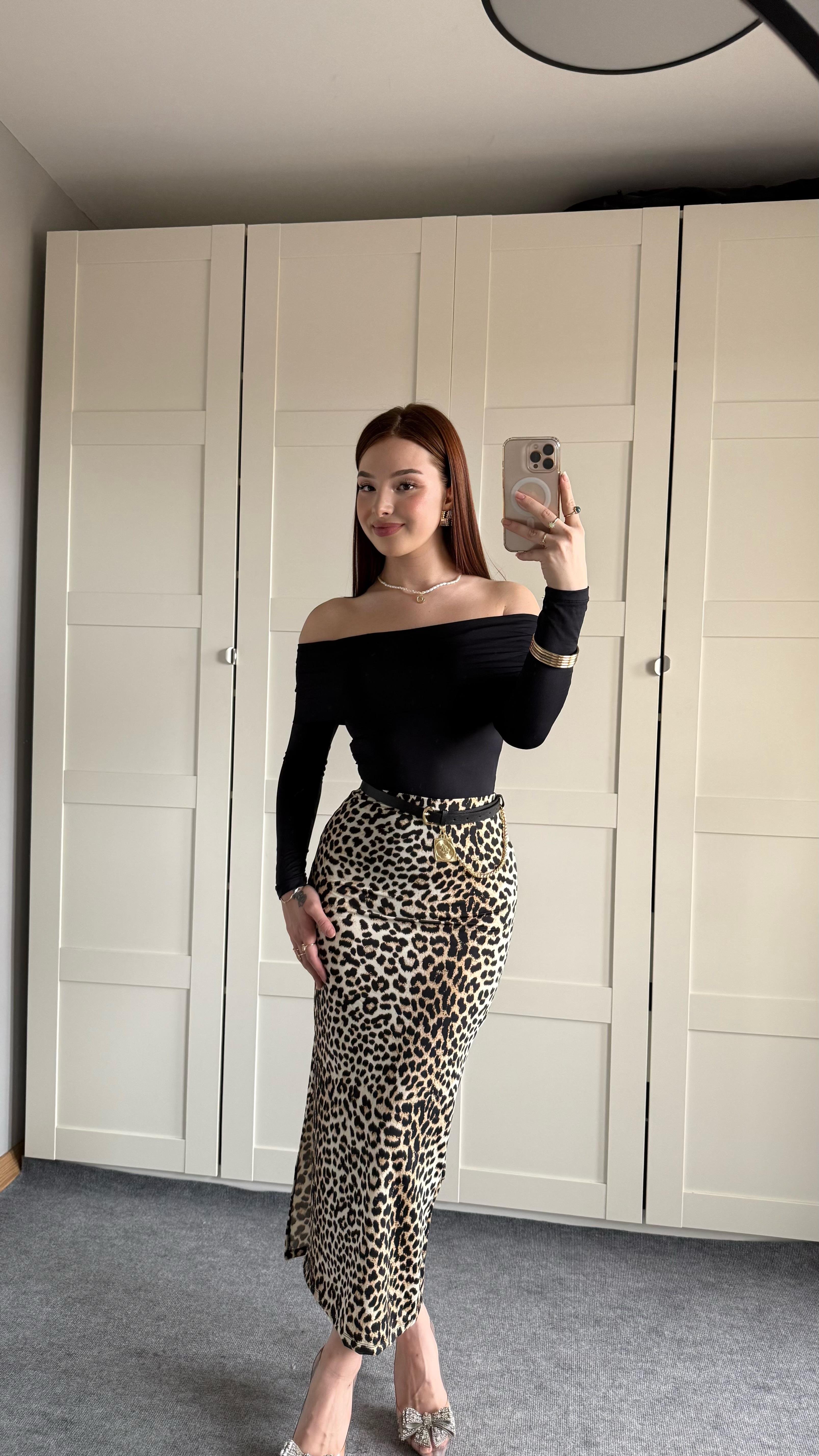 Sandy Kalem Streç Etek Yırtmaçlı Leopar 