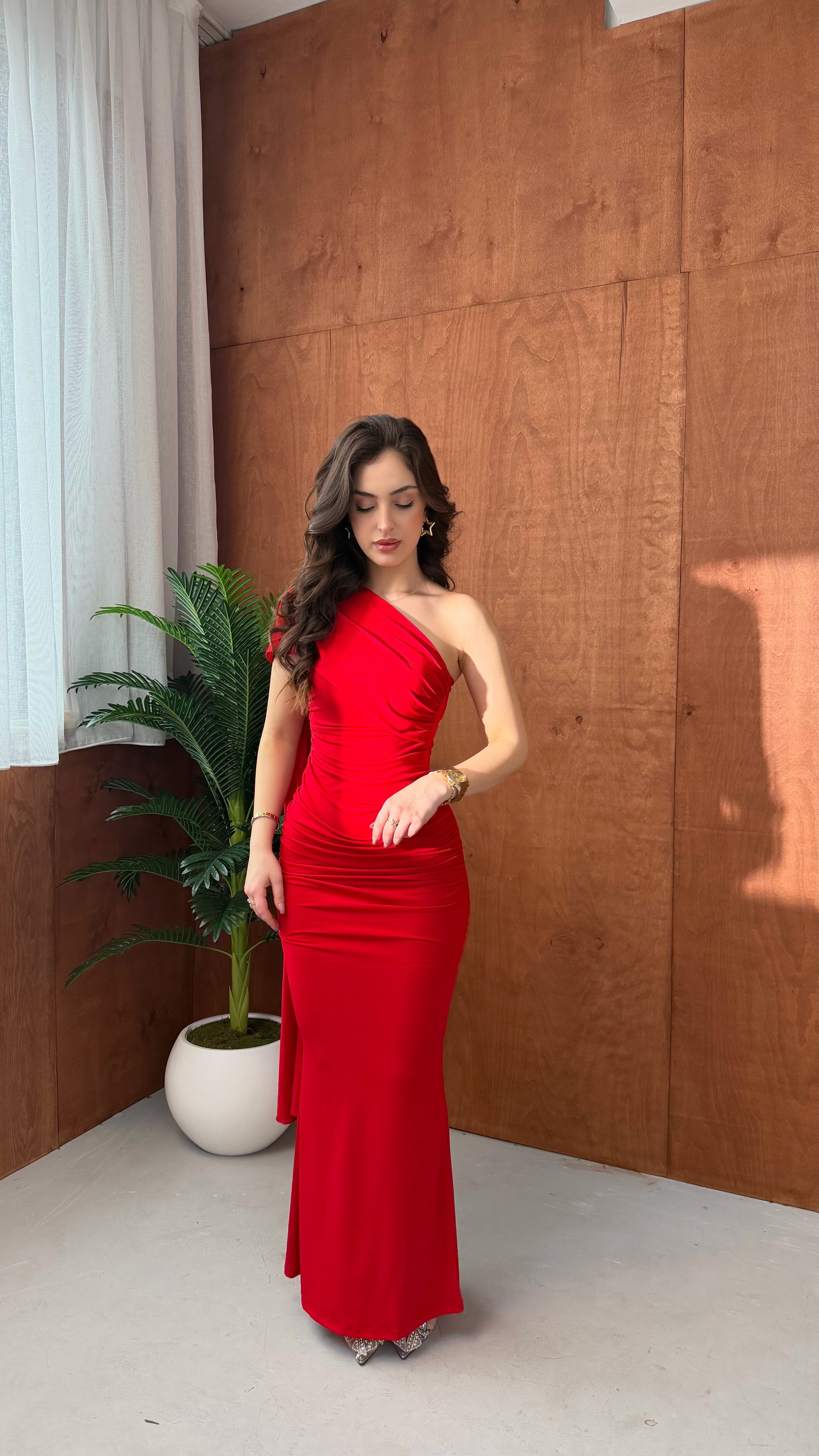 Sandy Şal Detaylı Elbise Kırmızı 