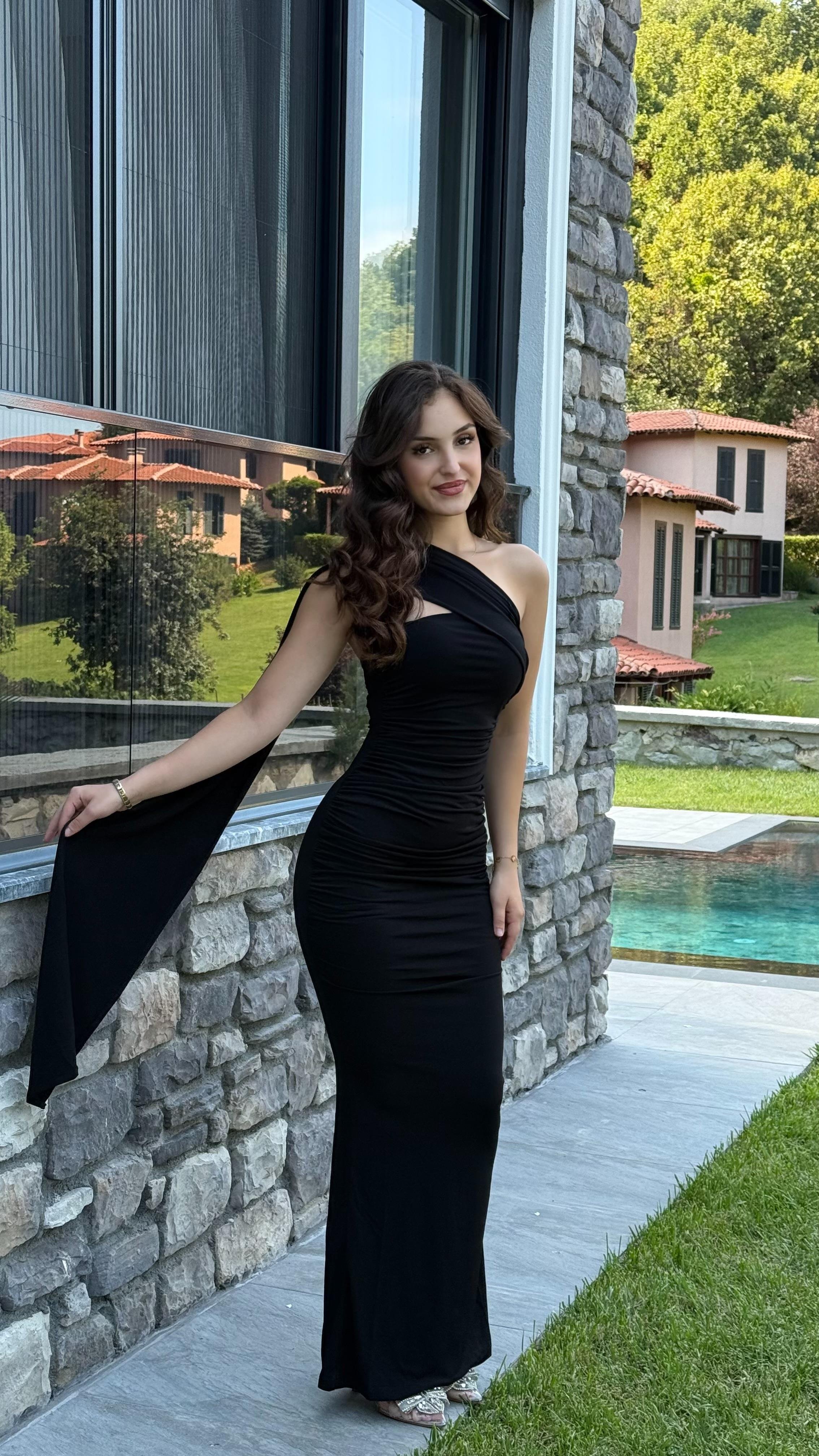 Sandy Şal Detaylı Elbise Siyah