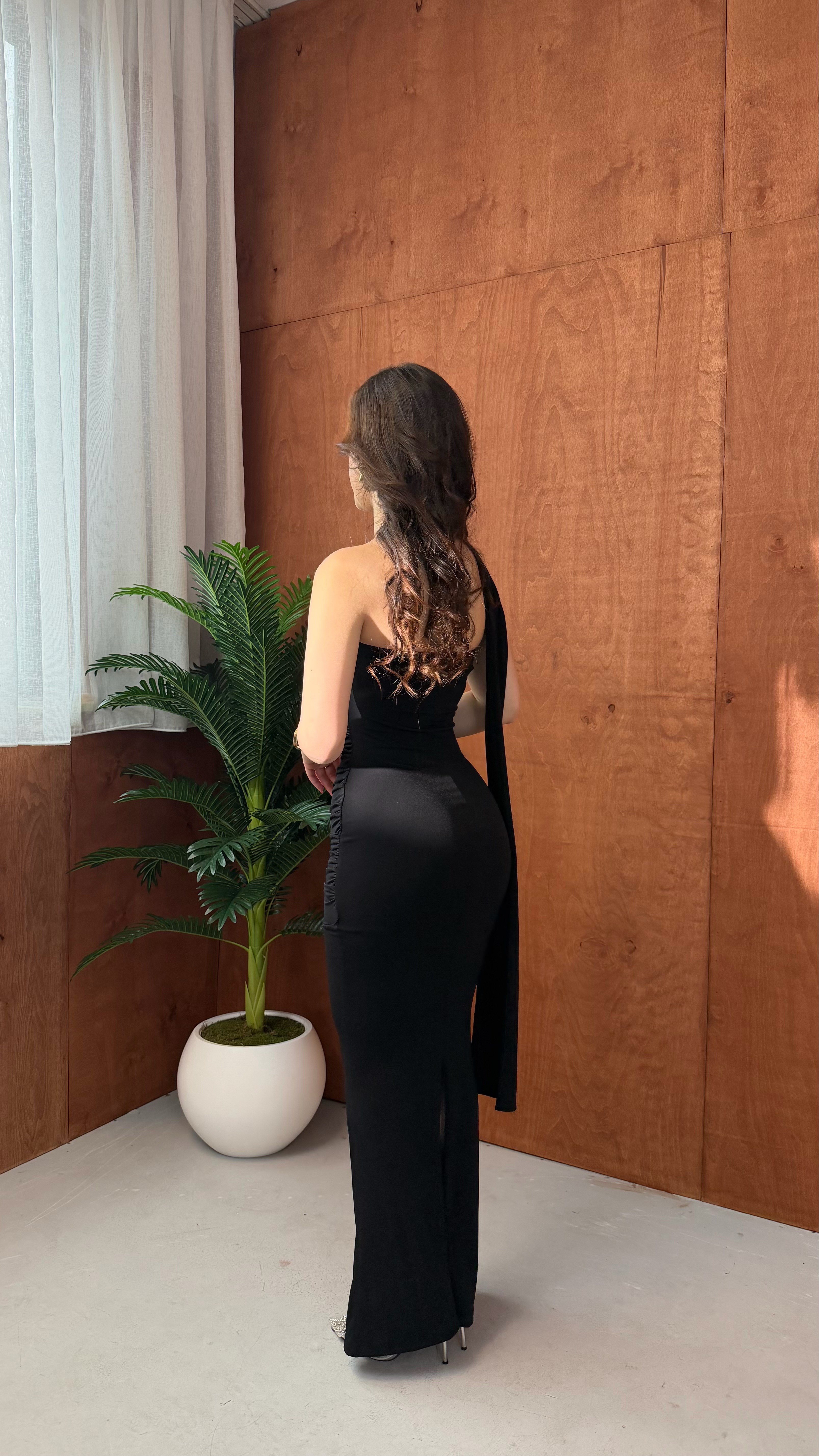 Sandy Şal Detaylı Elbise Siyah