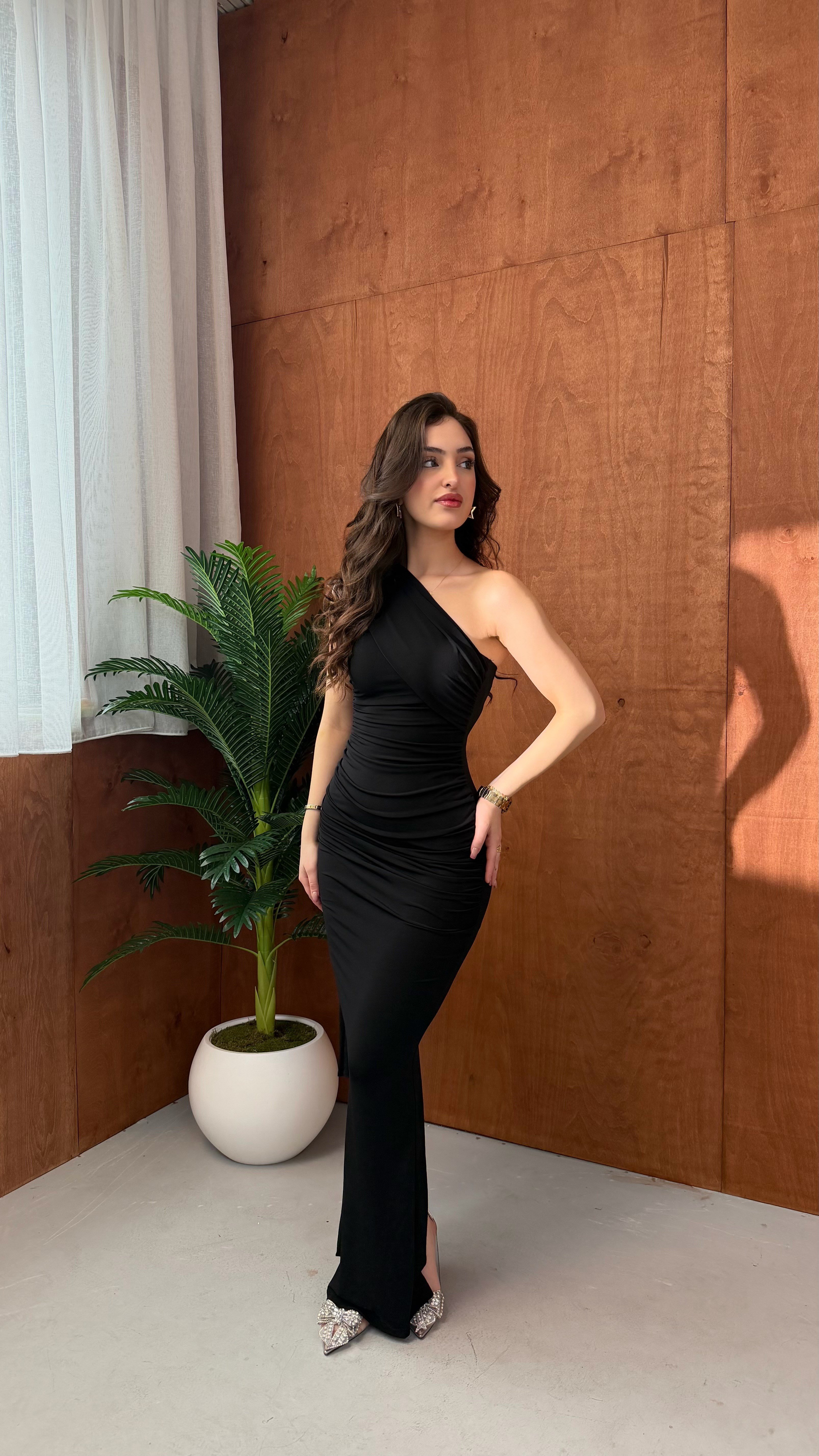 Sandy Şal Detaylı Elbise Siyah