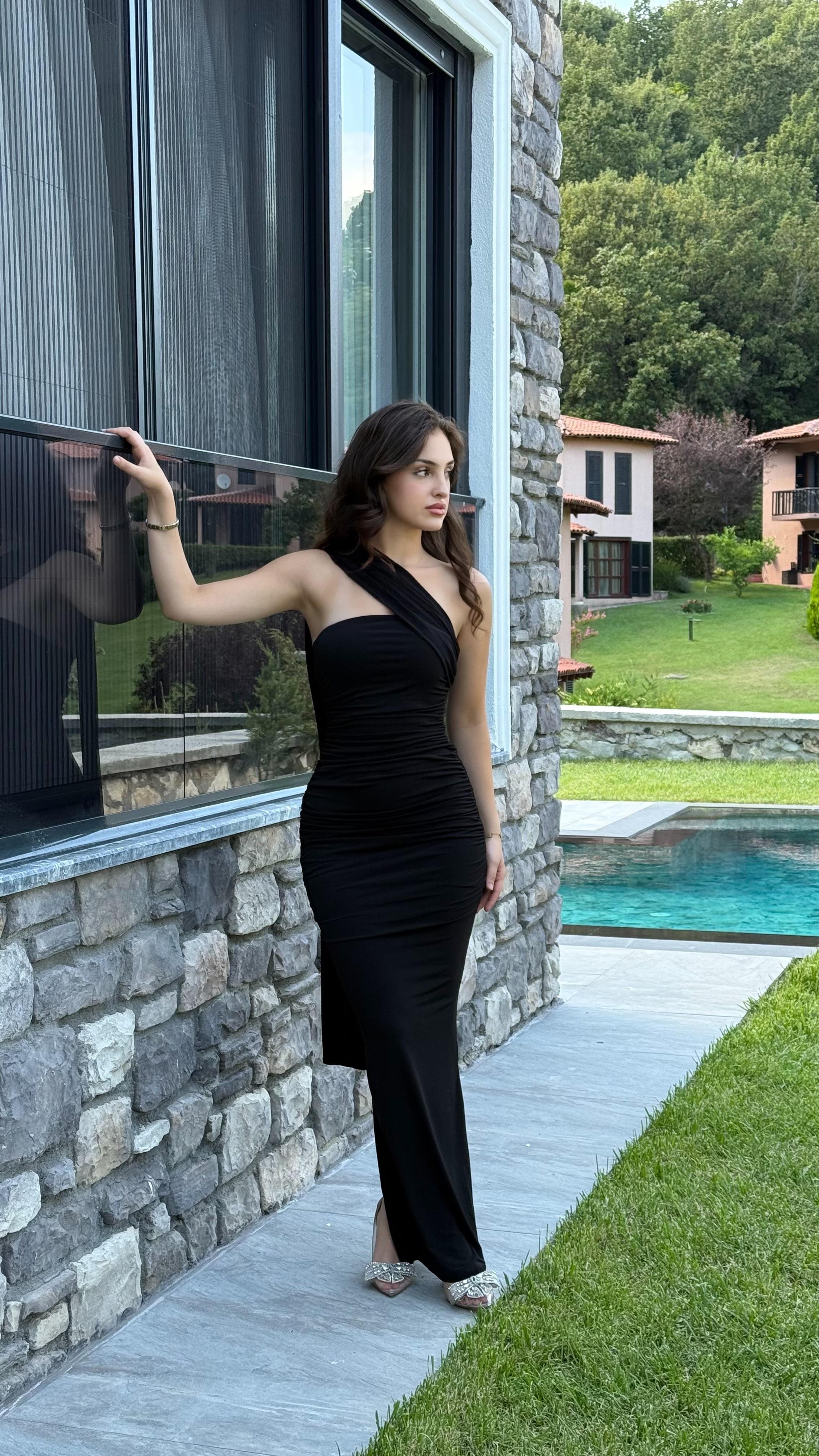 Sandy Şal Detaylı Elbise Siyah