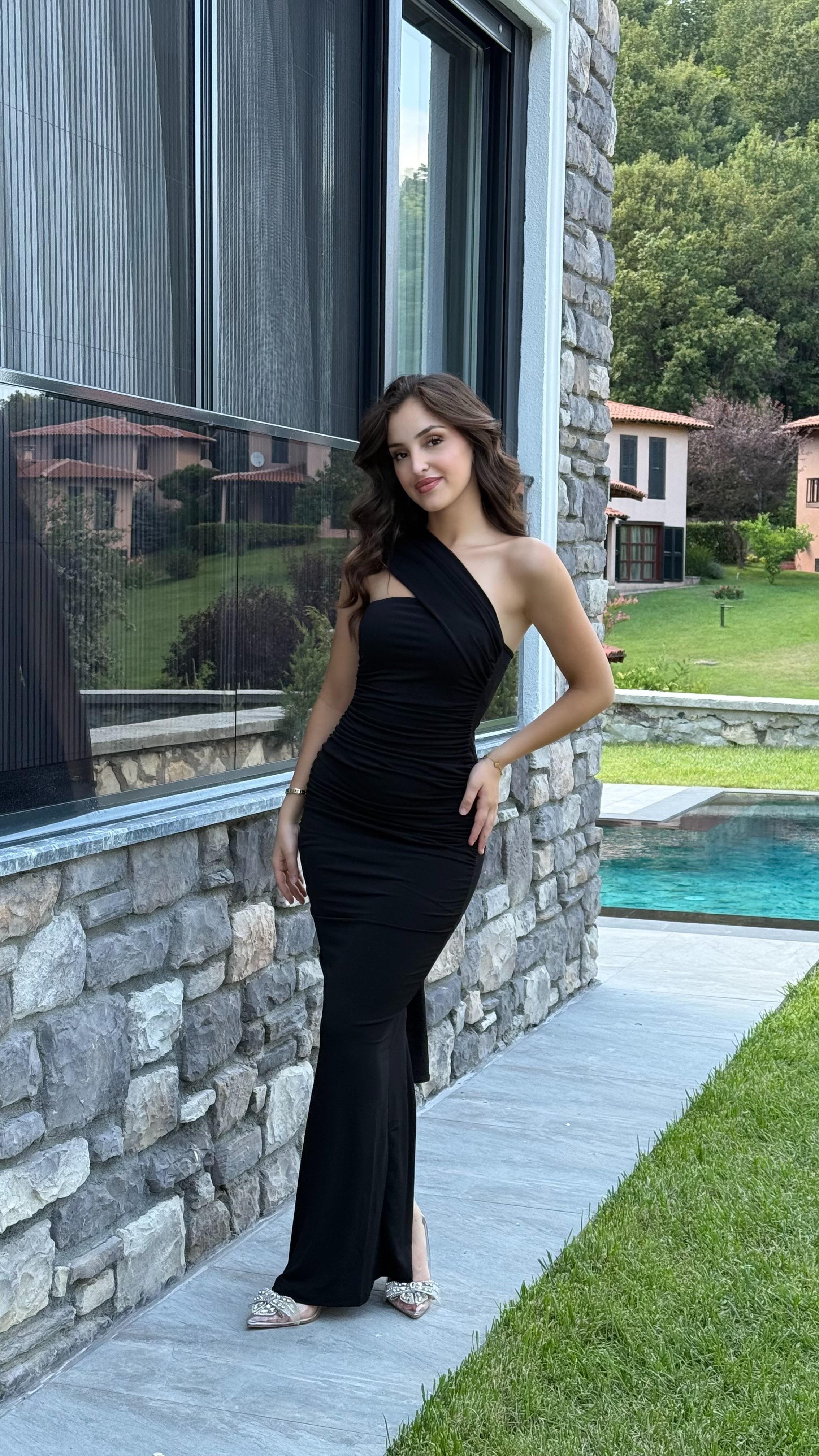 Sandy Şal Detaylı Elbise Siyah