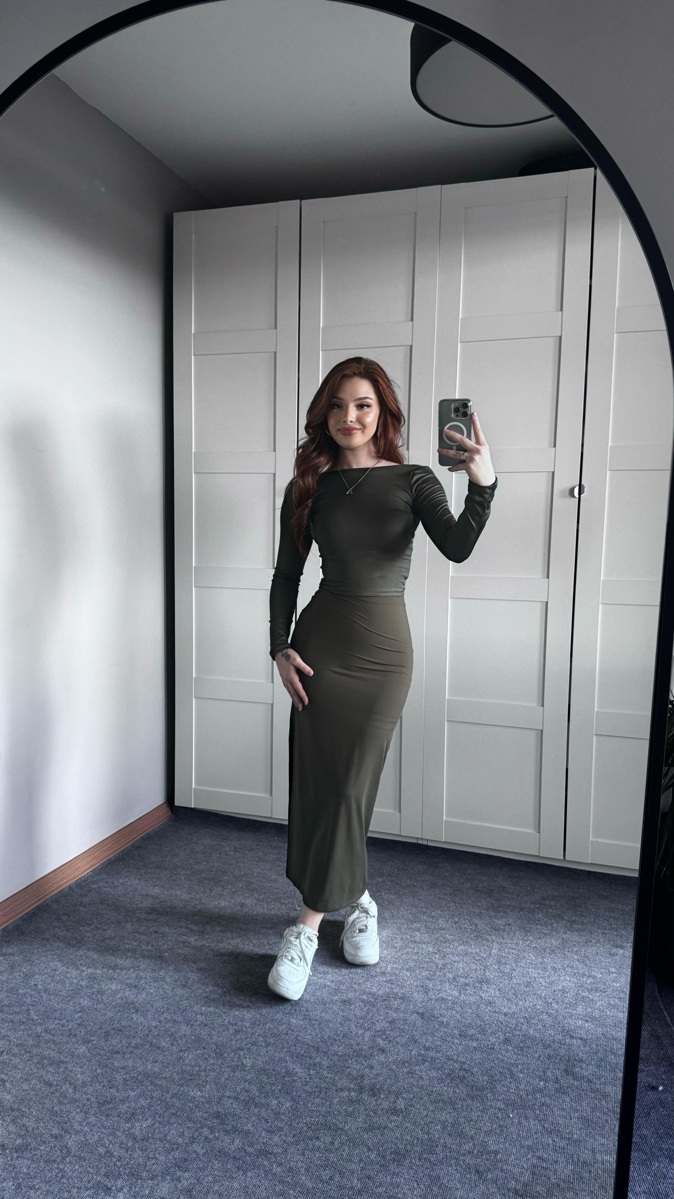 Sandy Streç Yırtmaçlı Haki Yeşil Etek