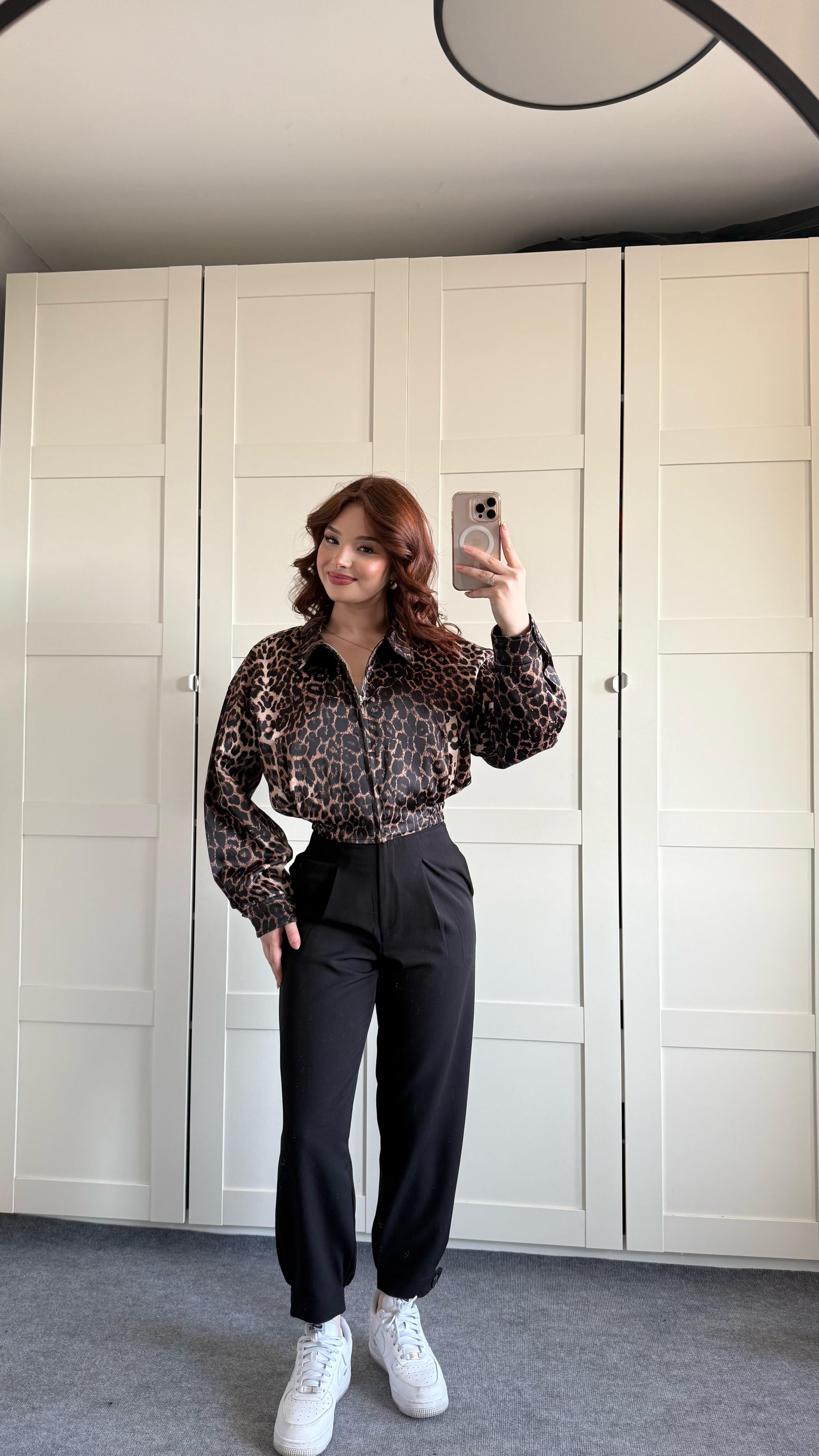 Saten Bomber Ceket Leopar 
