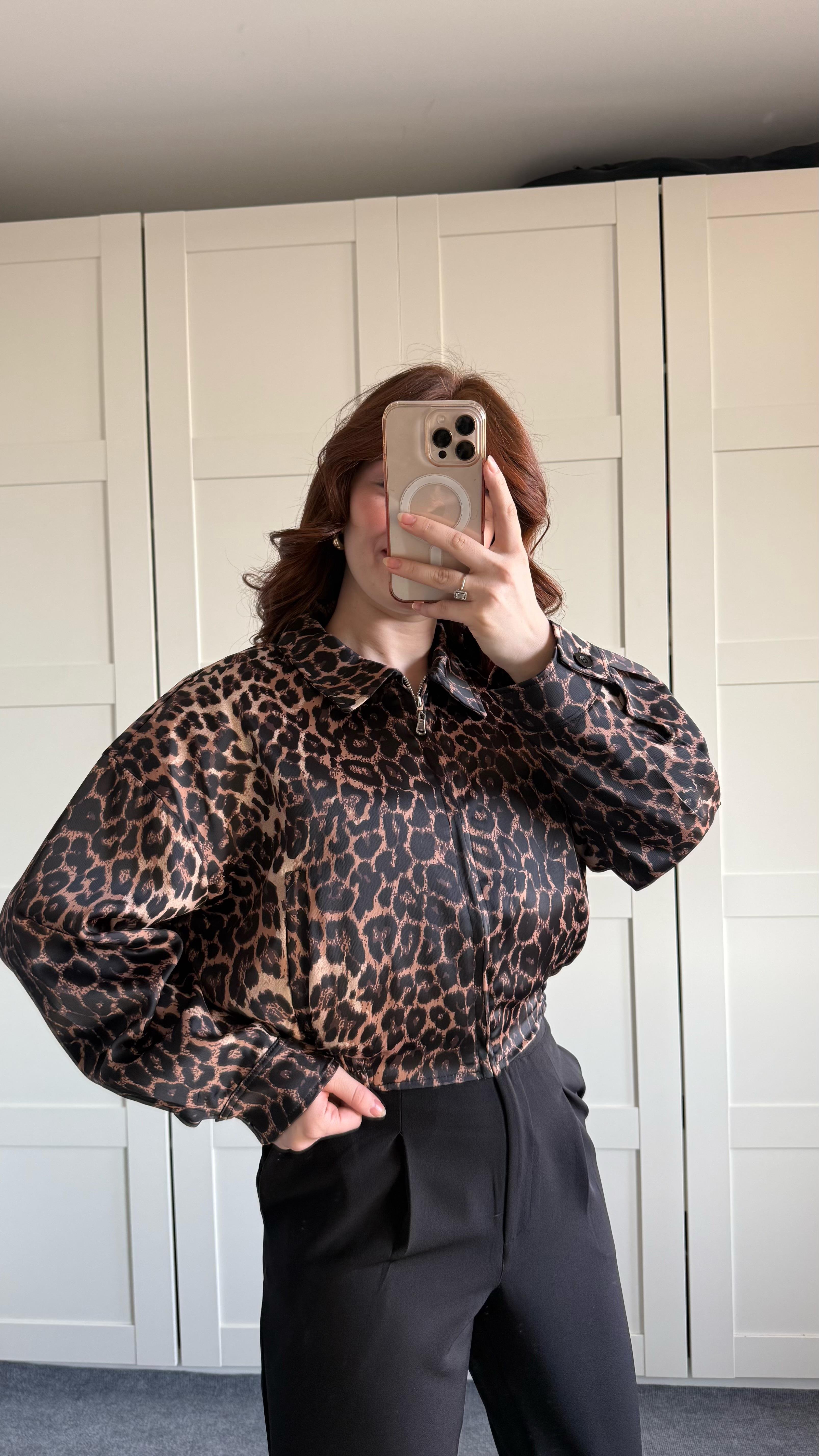 Saten Bomber Ceket Leopar 