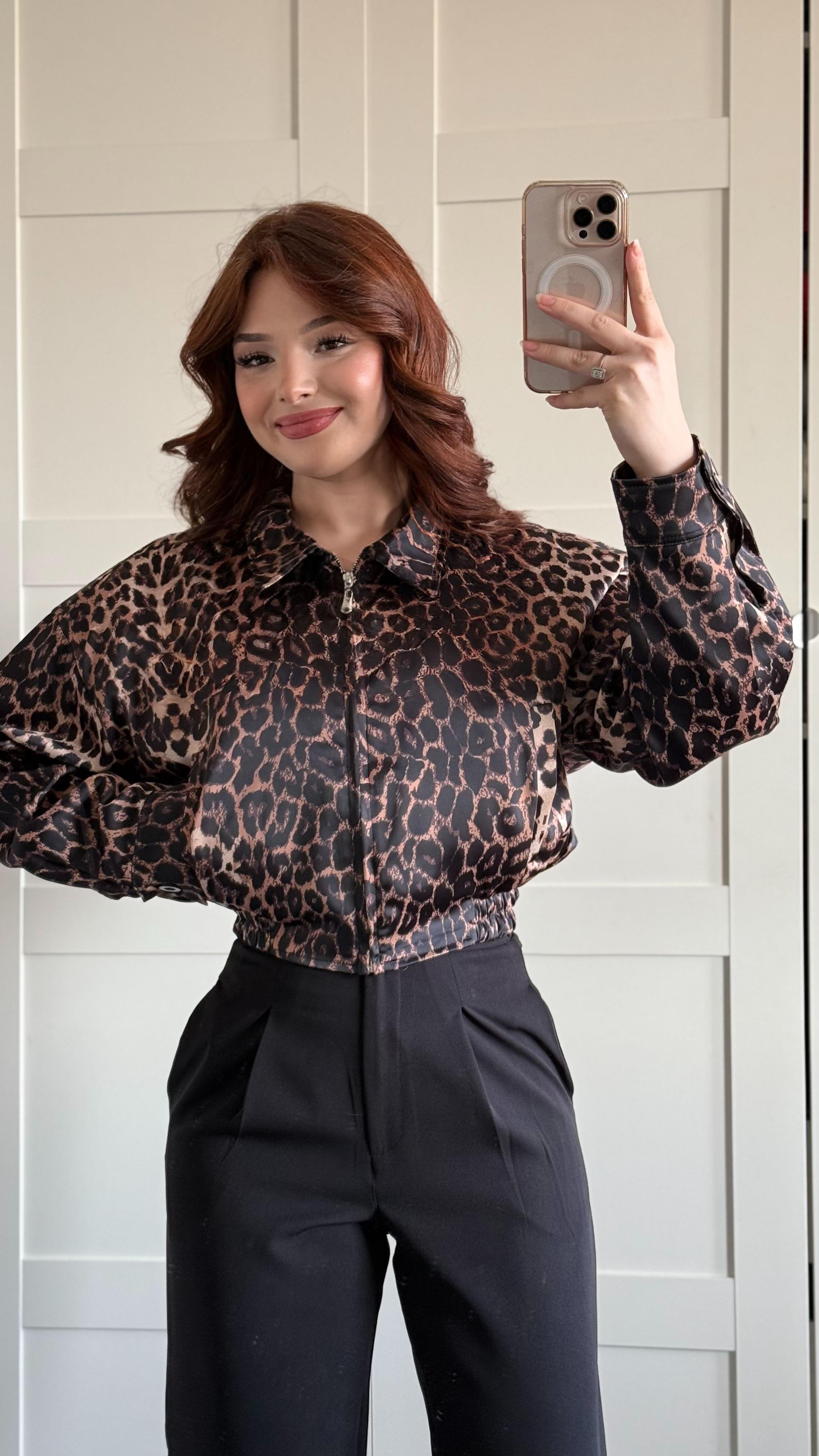Saten Bomber Ceket Leopar 