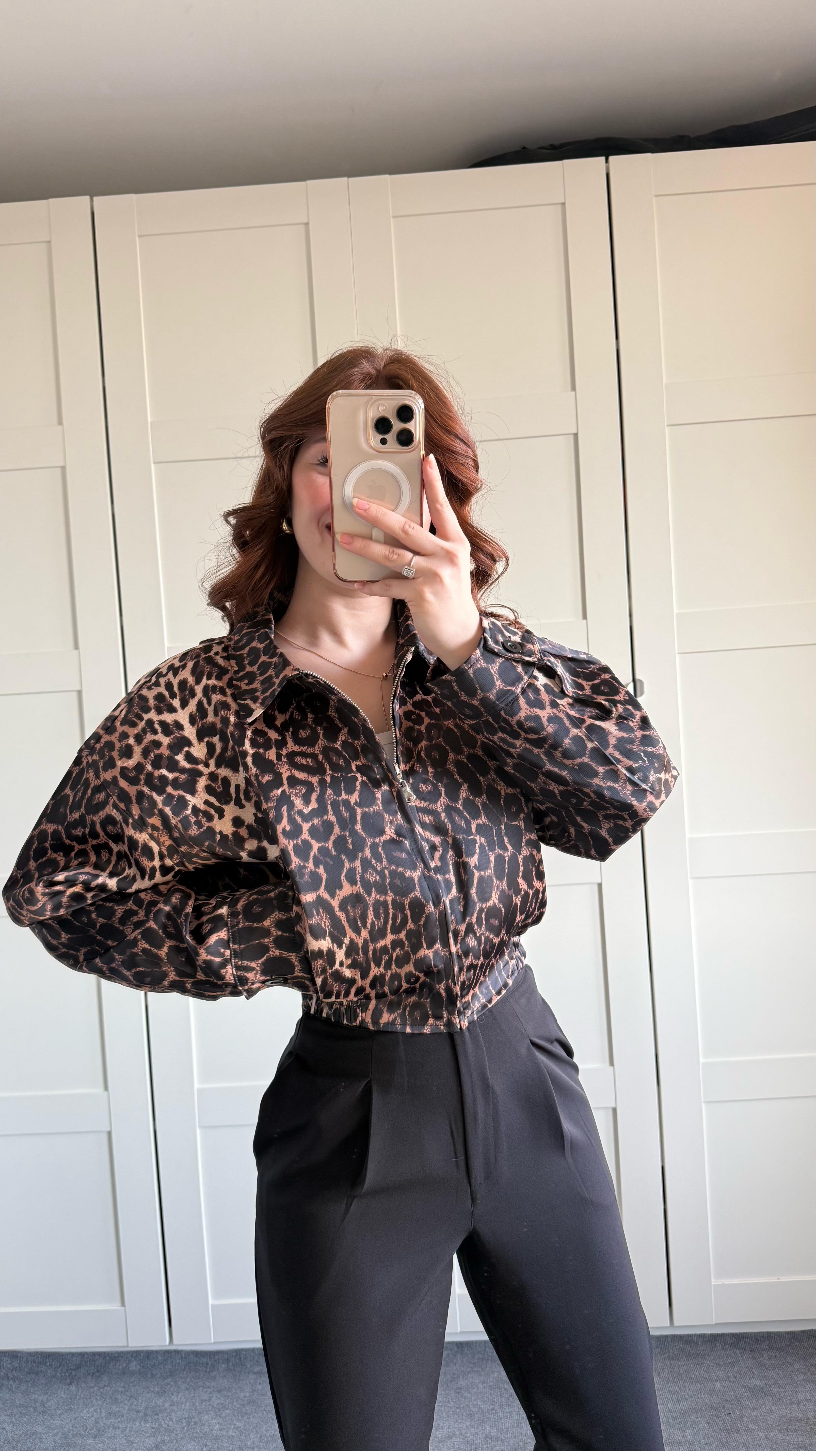 Saten Bomber Ceket Leopar 