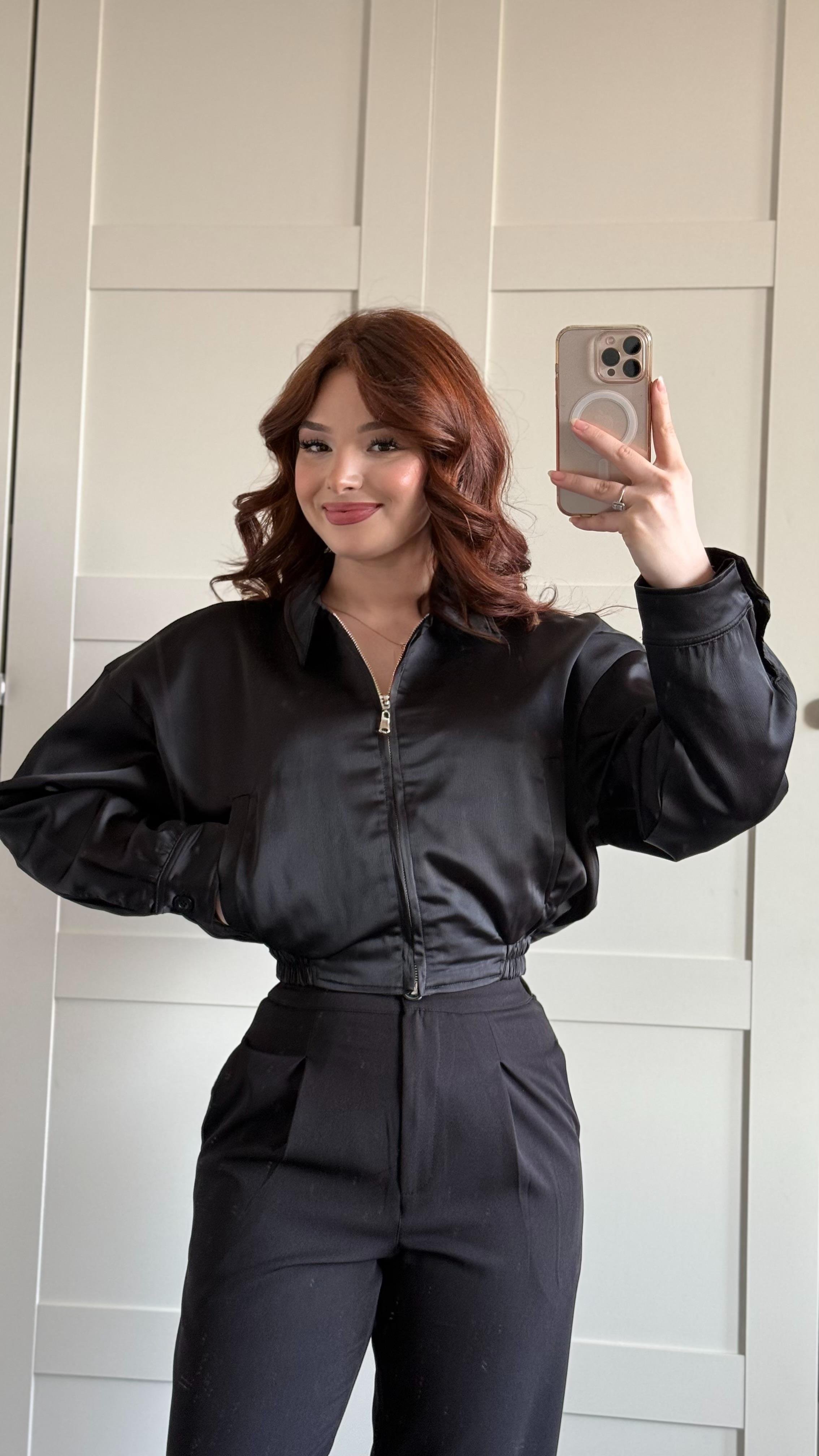 Saten Bomber Ceket Siyah