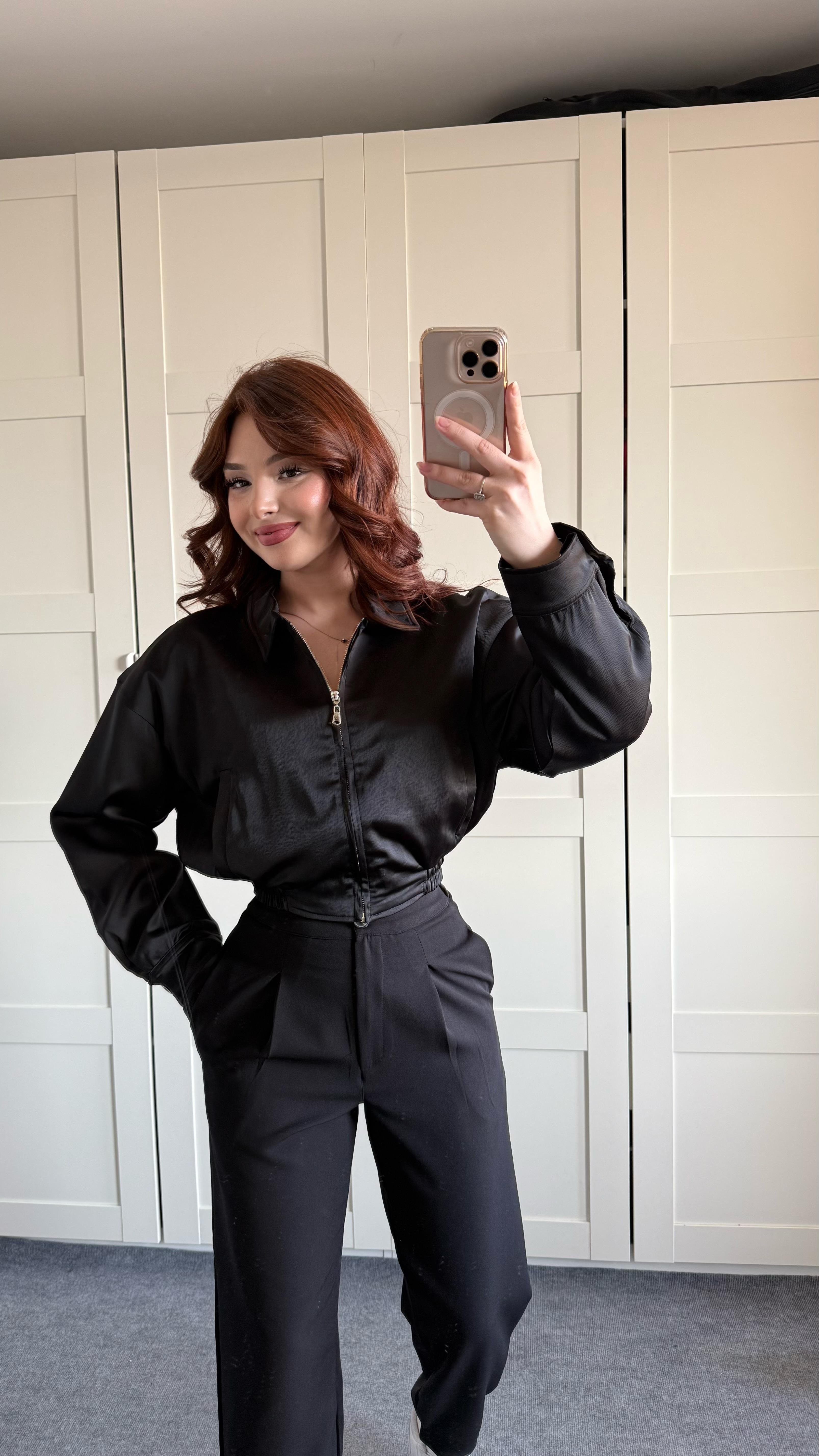 Saten Bomber Ceket Siyah