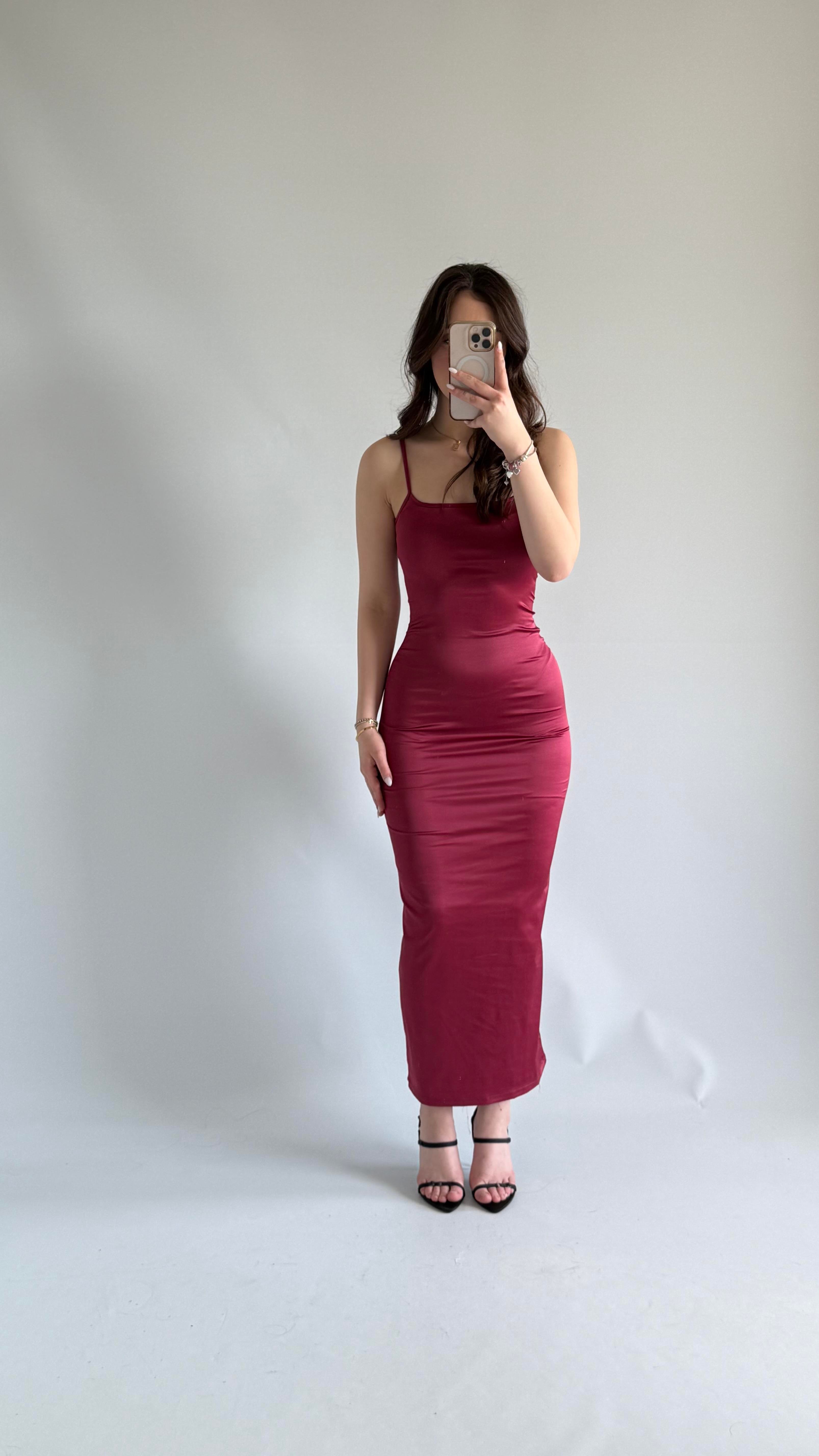 Saten İp Askılı Basıc Elbise Bordo