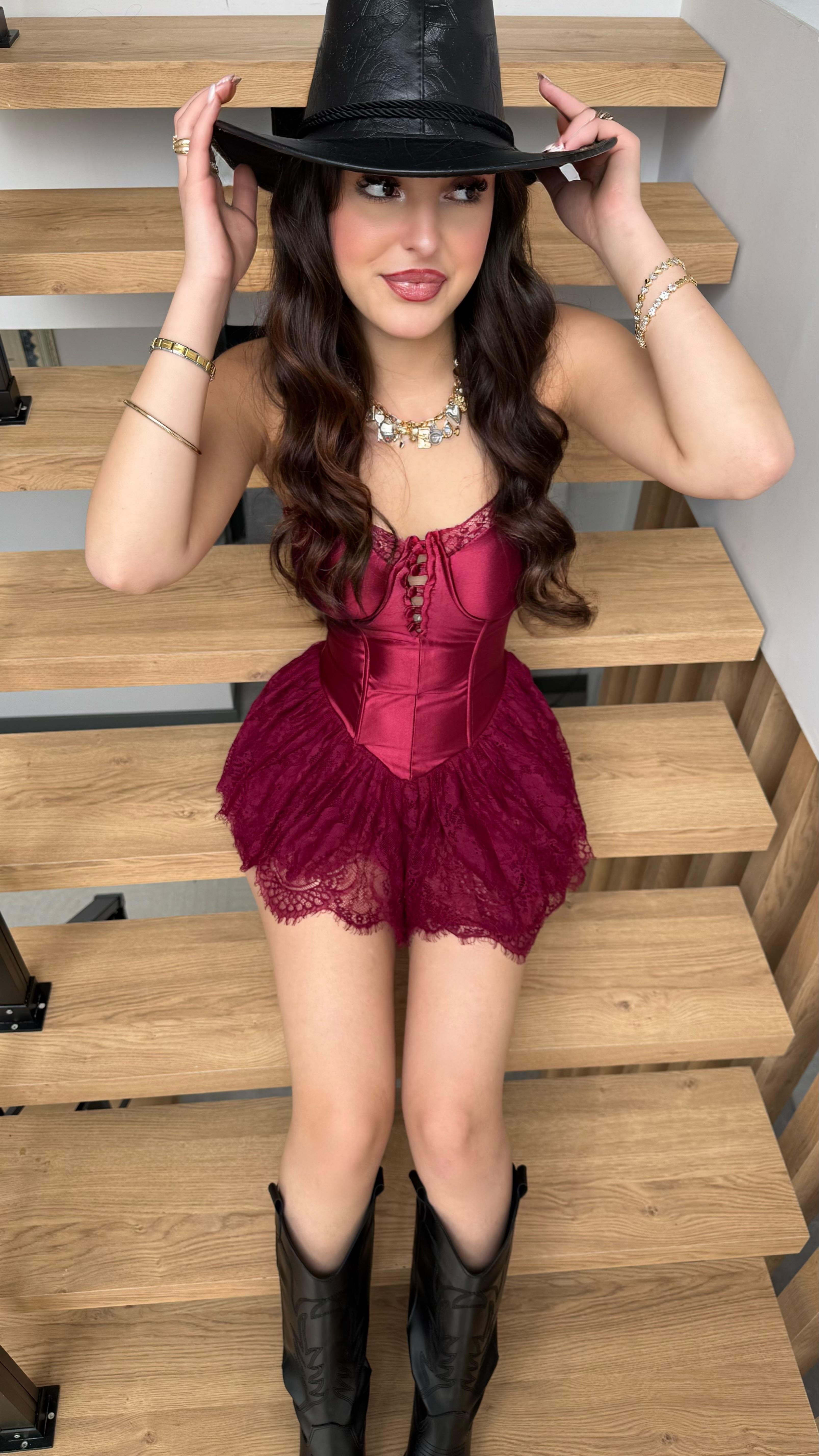 Saten Korse Dante Şortlu Elbise Mini Bordo 