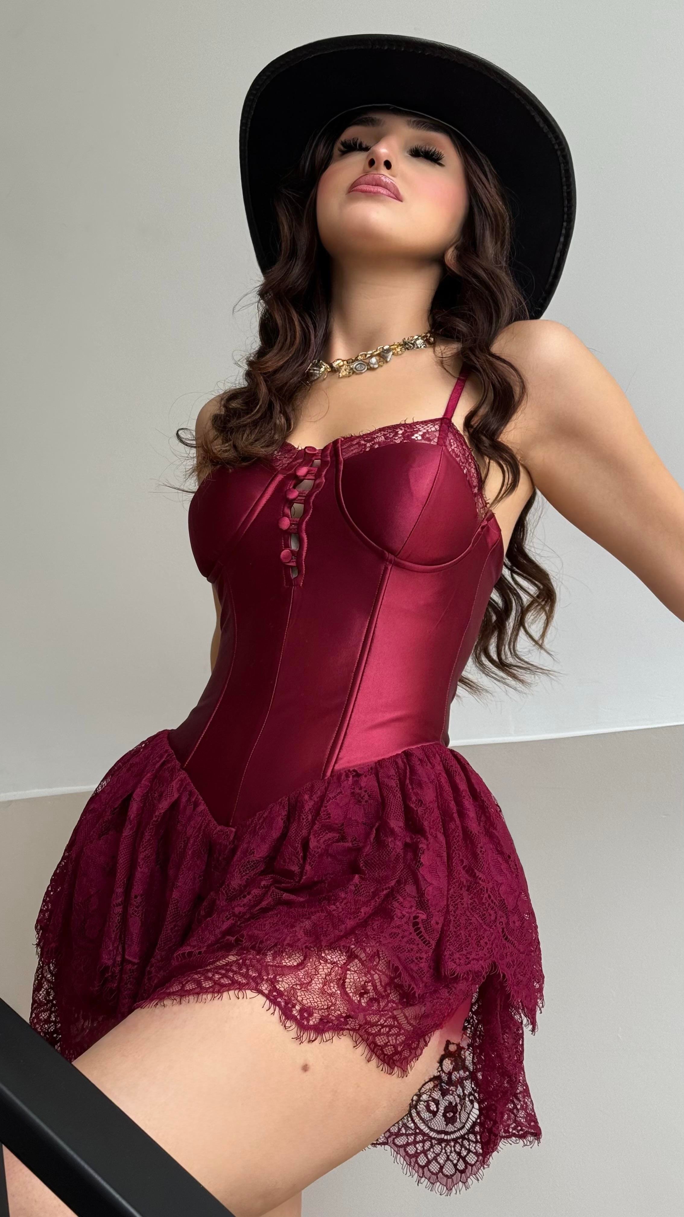 Saten Korse Dante Şortlu Elbise Mini Bordo 